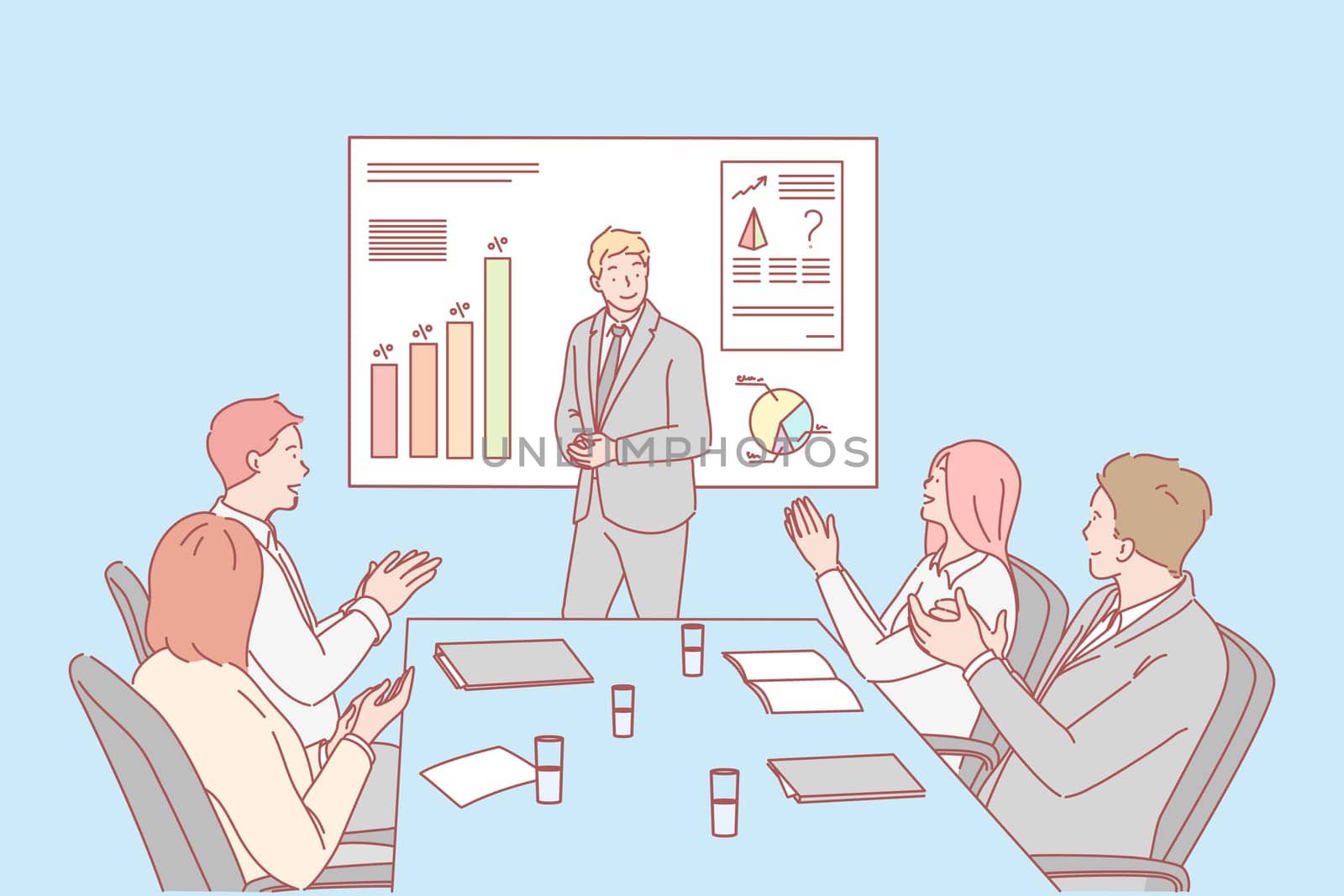 Presentation, business, congratulation, hiring concept. Young businessman shows presentation about company profit growth, graph to investors. Business people congratulate their colleague with hiring