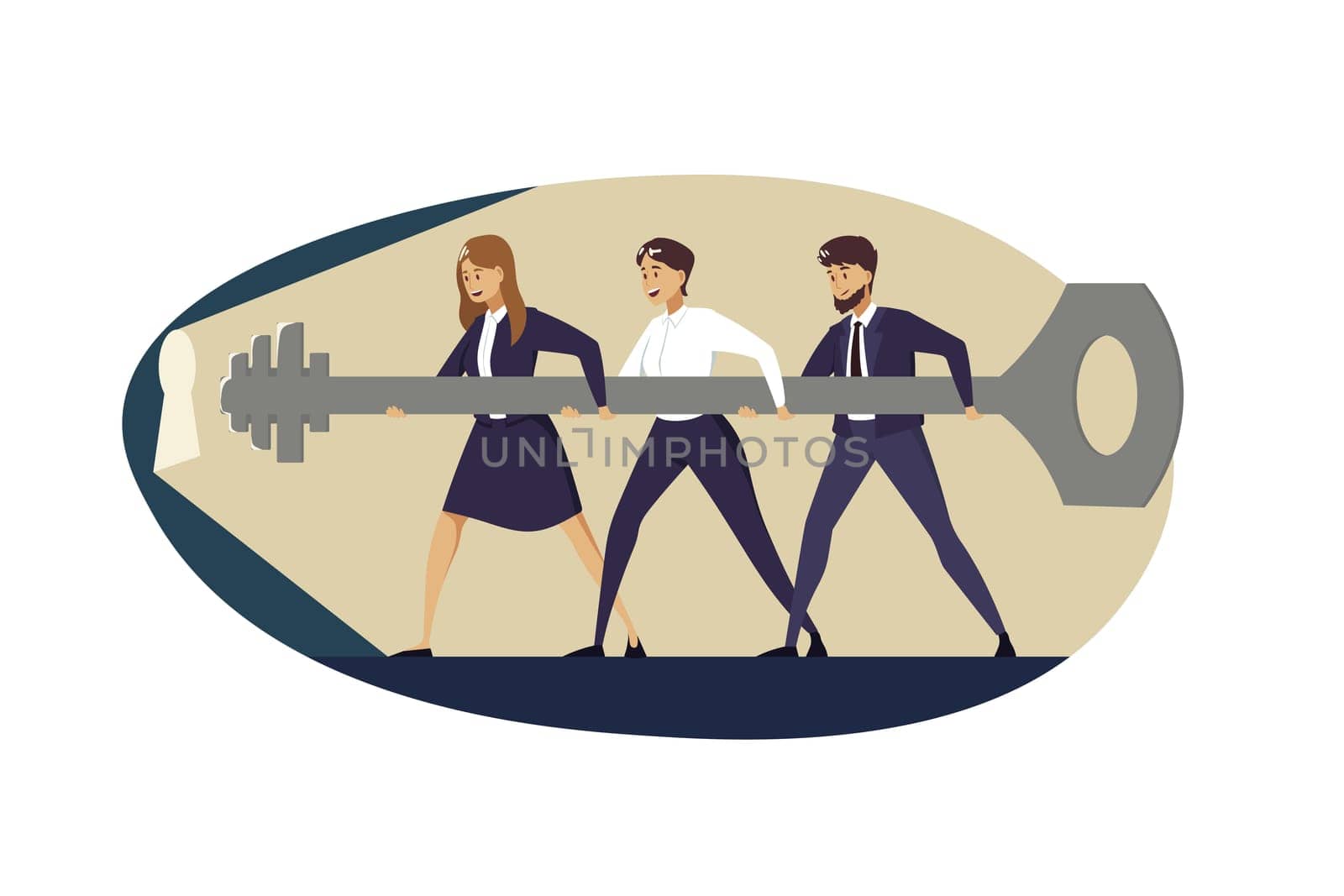 Cooperative teamwork, collaborative business concept. Team of businessmen women managers clerks partners coworkers holding carrying big key together. Teamwork and collaboration of troubles solution.