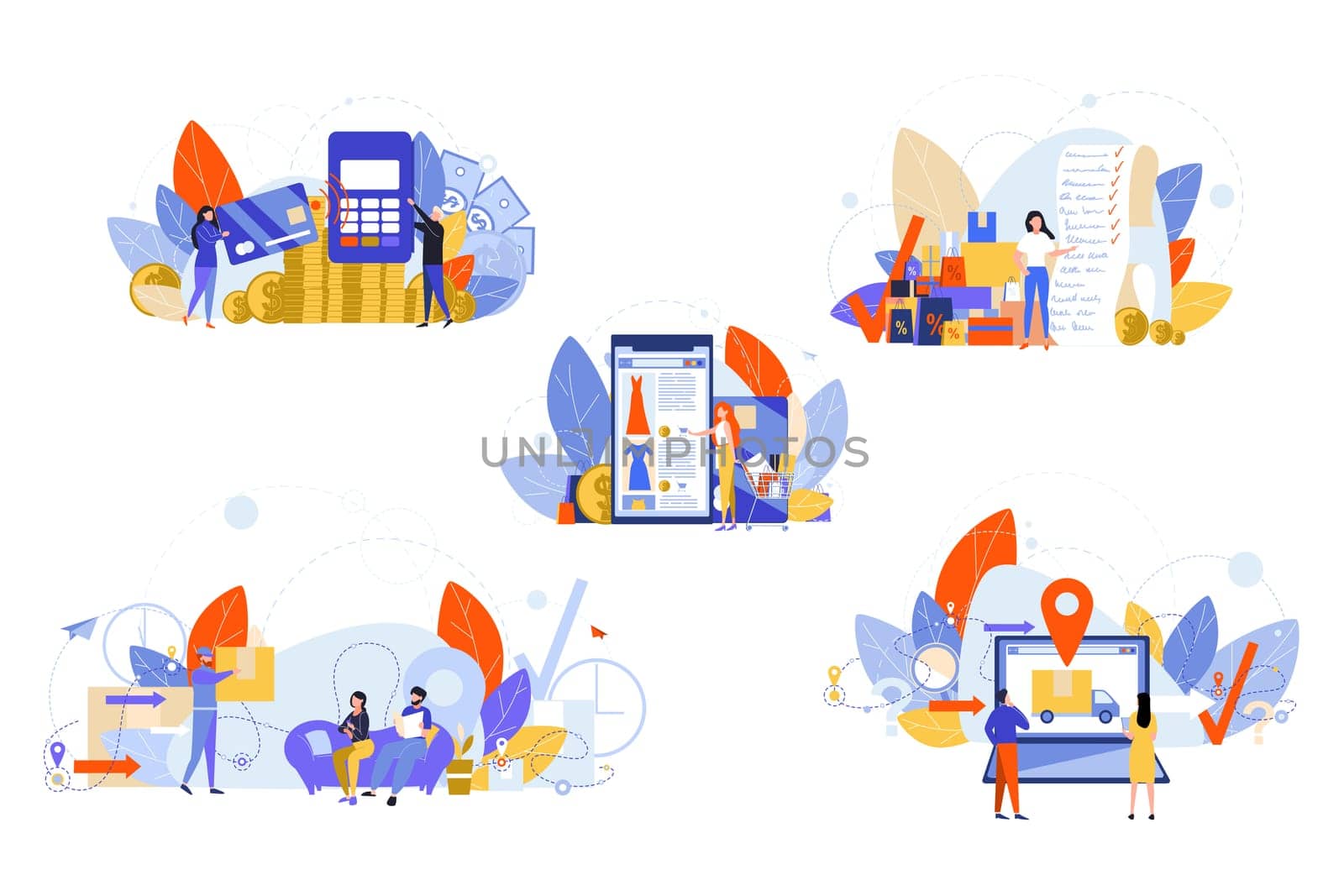 Online shopping, payment, delivery, order set concept. People, men women customers buyers do online shopping. Making order on smartphone, plastic card payment, home delivery, gps tracking, check list.