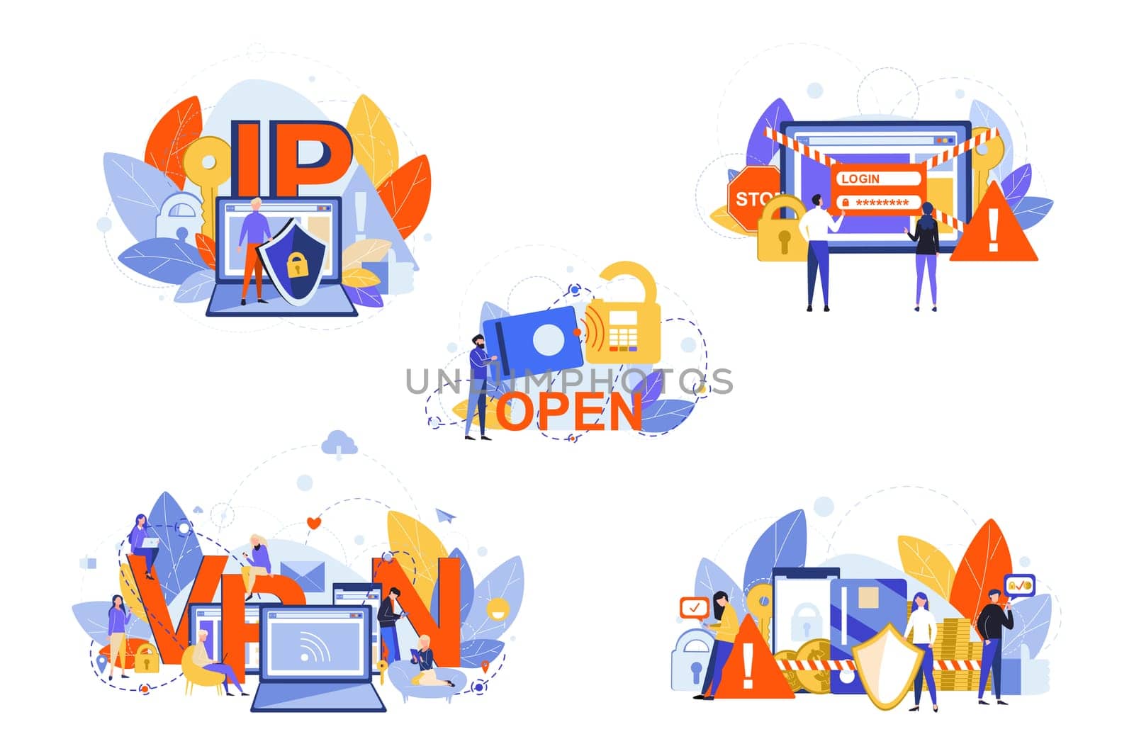 Cyber security, internet, vpn, ip, data protection set concept. People men women programmers using safe internet. Data protection, privacy. VPN for security. Cyber security illustration. IP adress.