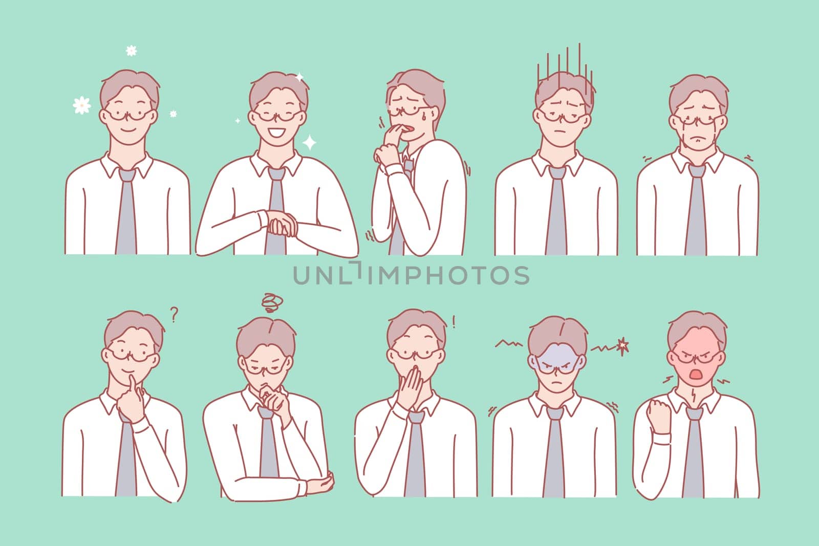 Business mans emotions and facial expressions set concept. Illustration or collection showing different emotions of man. Businessman demonstrates of positive and negative facial expressions.