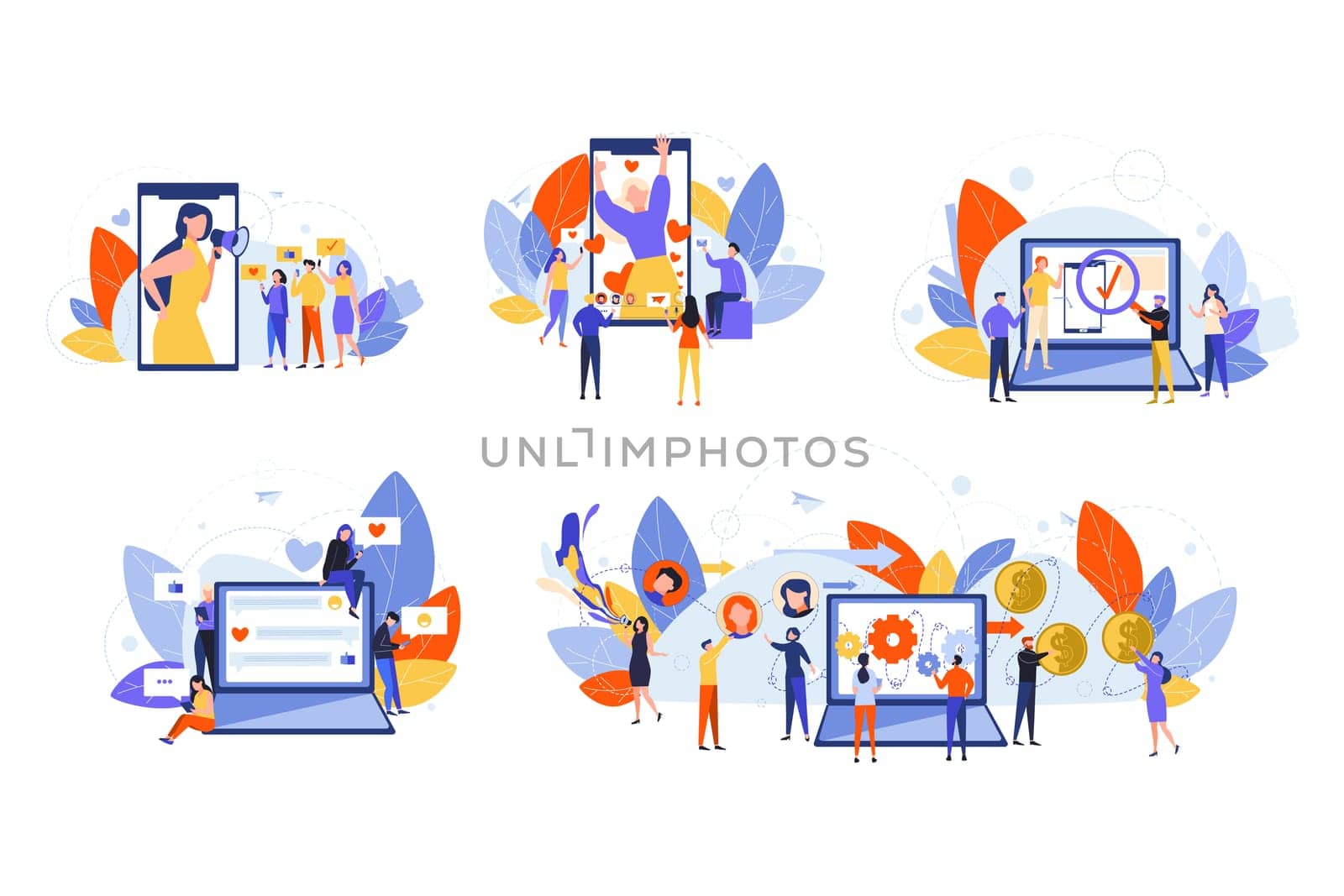 Social media, marketing, monetization, promotion, content set concept. People men and women influencers followers using social network. Content monetization. SMM blogging. Social media promotion.