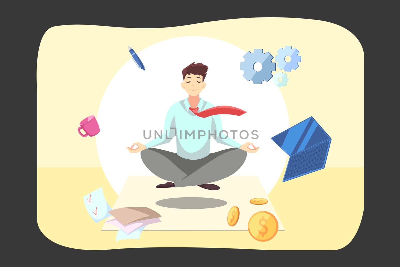 Business, relaxation, meditation, rest concept. Young businessman clerk manager employee meditating relaxing in lotus pose in office. Practicing mindfullness stress relief yoga exercises at workplace.