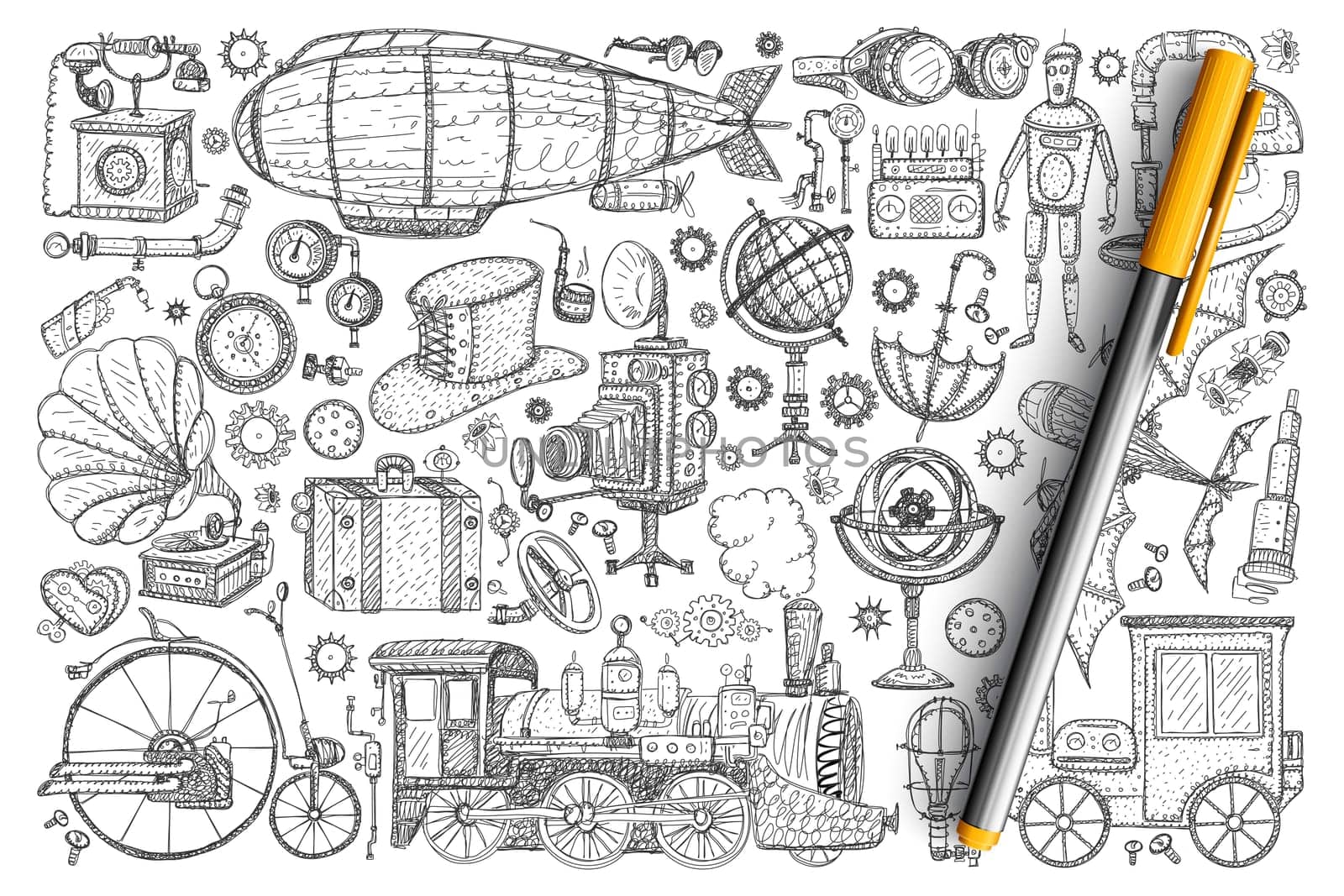 Retro vintage innovations doodle set. Collection of hand drawn vintage lamps, accessories, decorations, trains, robots, wheels, cameras, umbrella, spyglass isolated on transparent background