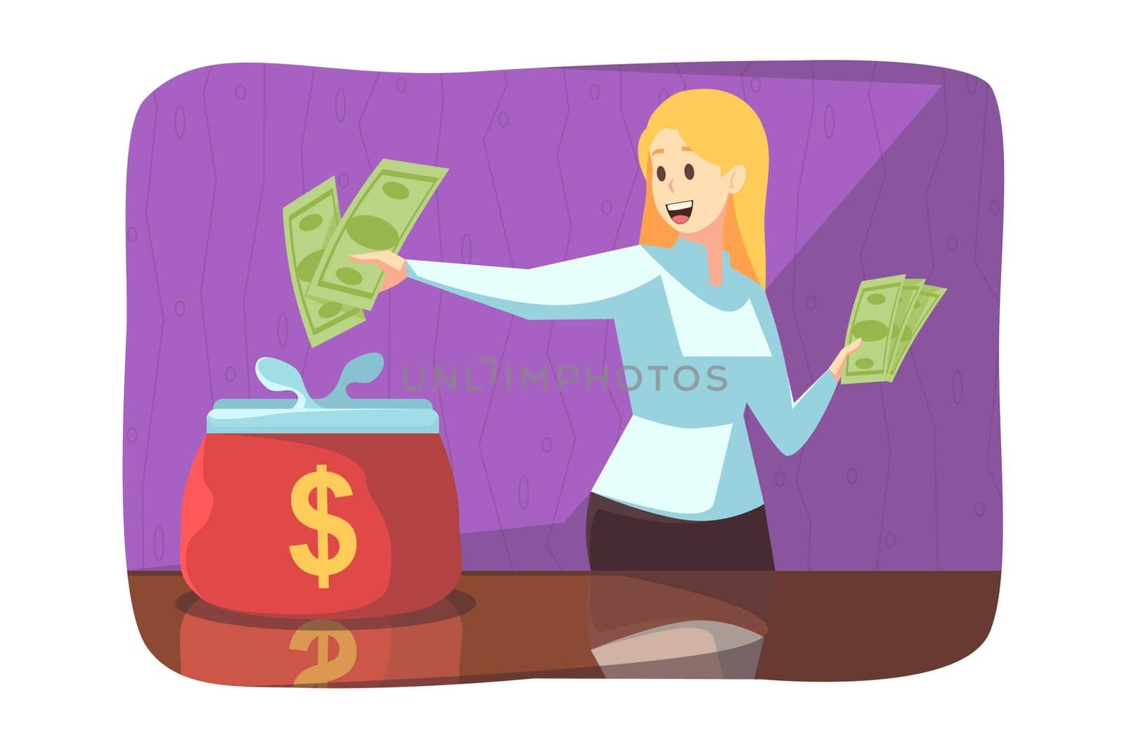 Business, saving, deposit concept. Young happy woman girl making financial investment payment and putting cash dollars in big wallet. Accumulation of money earning currency and purchasing illustration