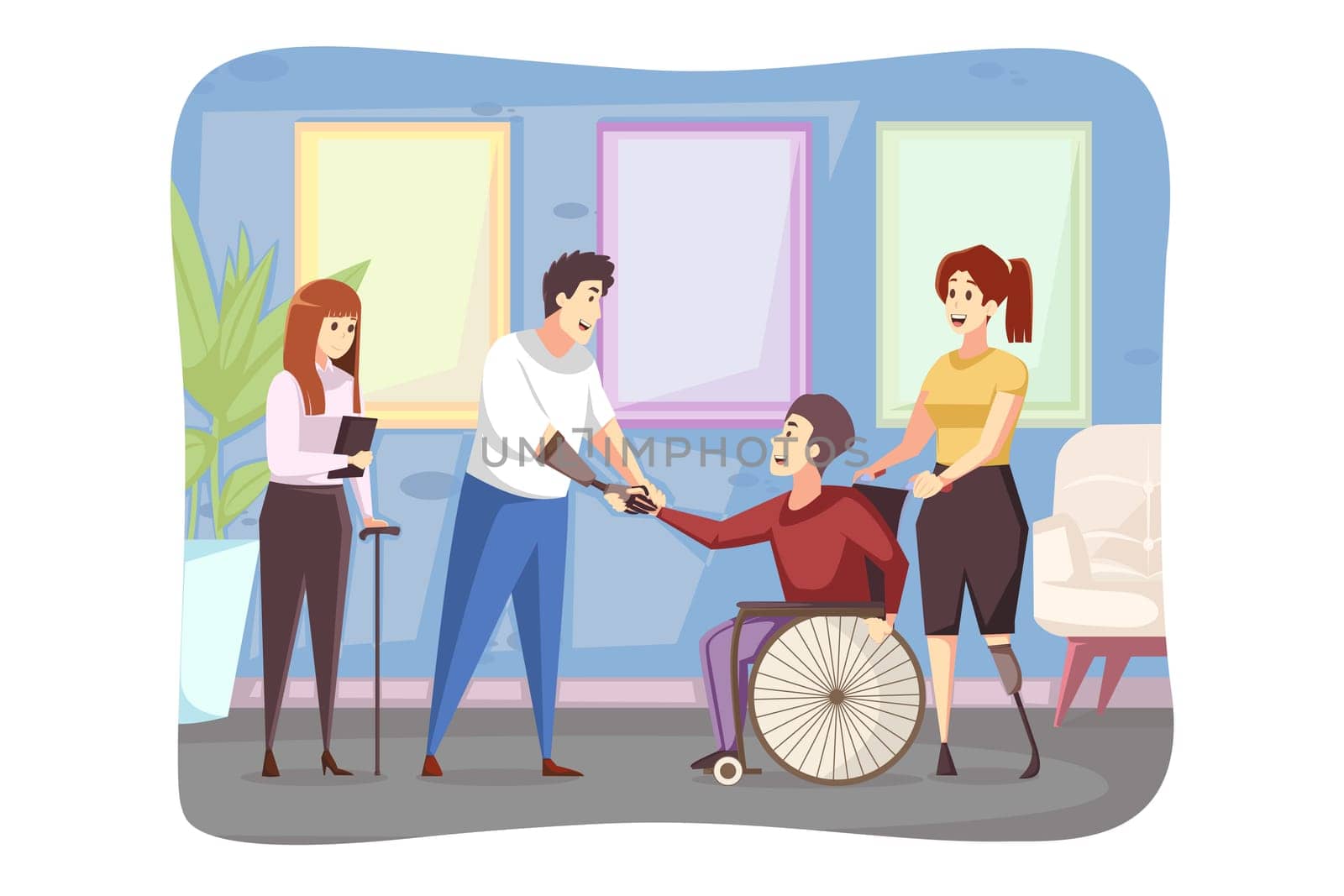 Meeting, disability, healthcare, medicine, cooperation concept. Young disabled handicapped people men women in wheelchair and prostheses standing shaking hands together. Business project agreement.