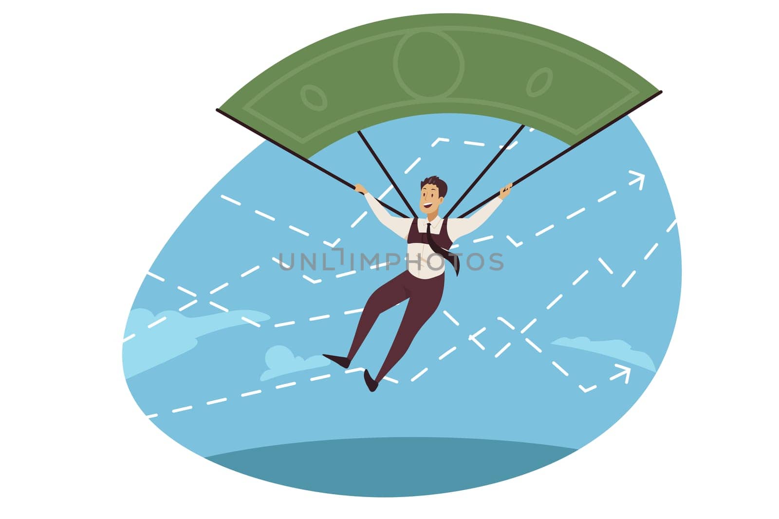 Business insurance, money profit, financial success concept. Businessman clerk manager cartoon character landing down with parachute. Support immediate response and professional approach illustration.