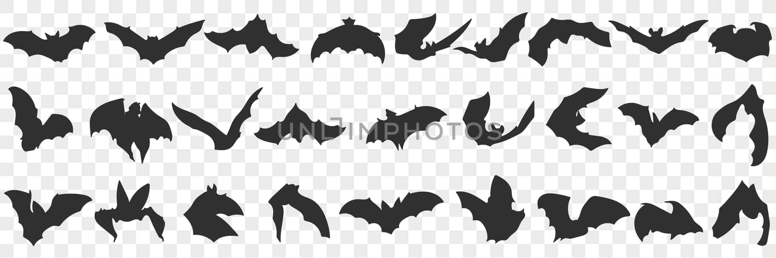 Flying bat with wings doodle set. Collection of hand drawn various black silhouettes of flying bats animals in rows isolated on transparent background