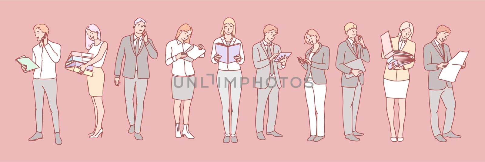 Office clerk, business set concept. Collection of business people, company managers or clerks communicating on smartphone. Illustration of business men and women coworkers isolated on pink background.