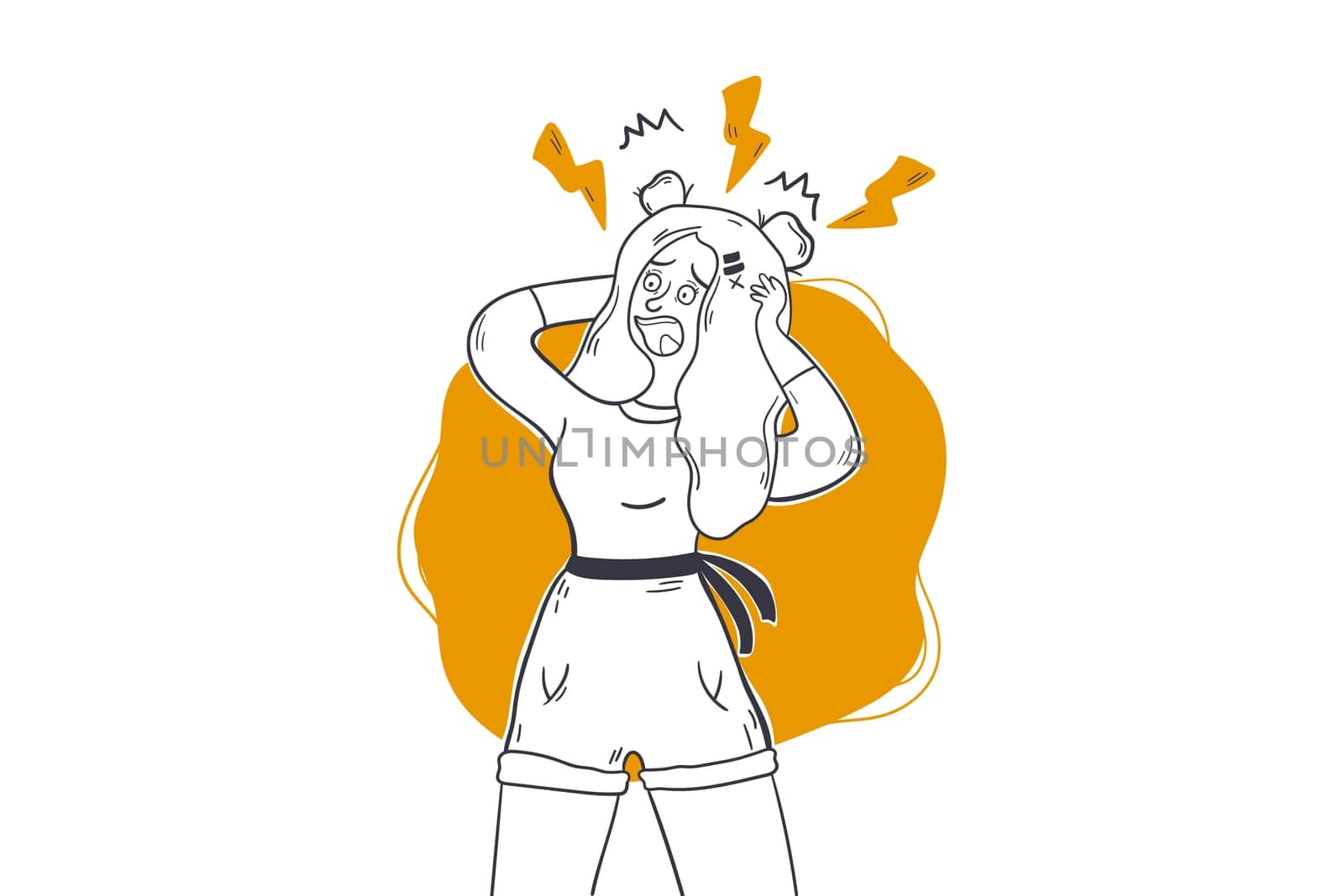 Anxiety, panic, stress concept. Young depressed anxious frustrated woman with nervous problem feeling headache confusion of thoughts touching head. Mental disorder migraine and chaos in consciousness