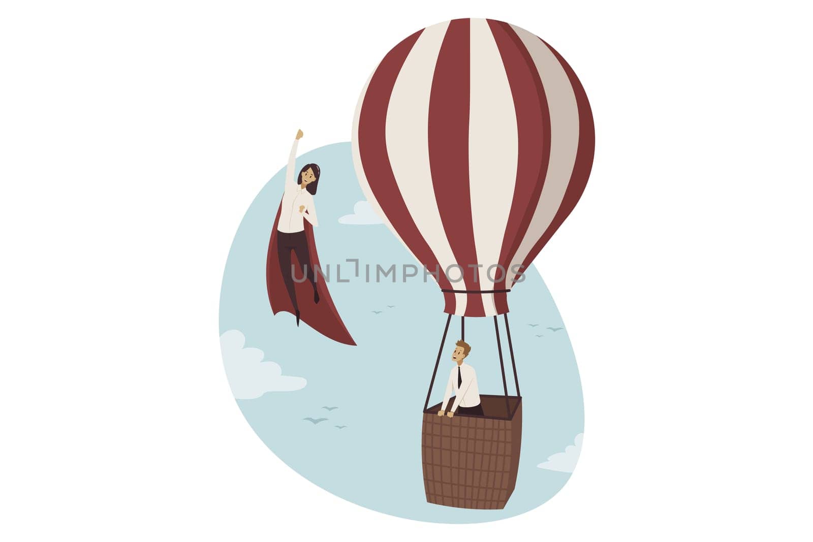 Business, career growth, goal achievement concept. Businessman clerk flying on hot air balloon watching at woman manager superhero moving high faster. Different motion to success and competition.