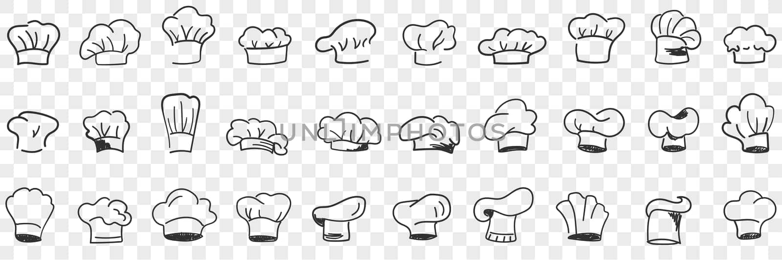 Cooks cap headdress doodle set. Collection of hand drawn various styles and shapes of hats for cook in restaurant for wearing on head personal accessories in rows isolated on transparent background