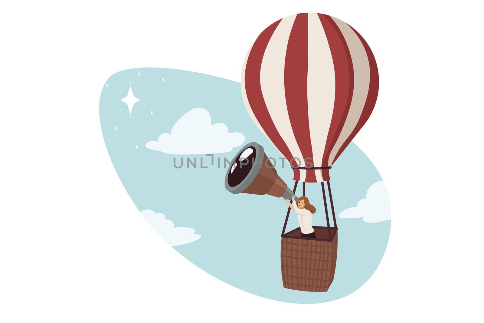 Search opportunity, business, discovery concept. Young confident clerk manager motivated businesswoman leader cartoon character looking at telescope on hot air balloon. Leadership and goal aspiration.