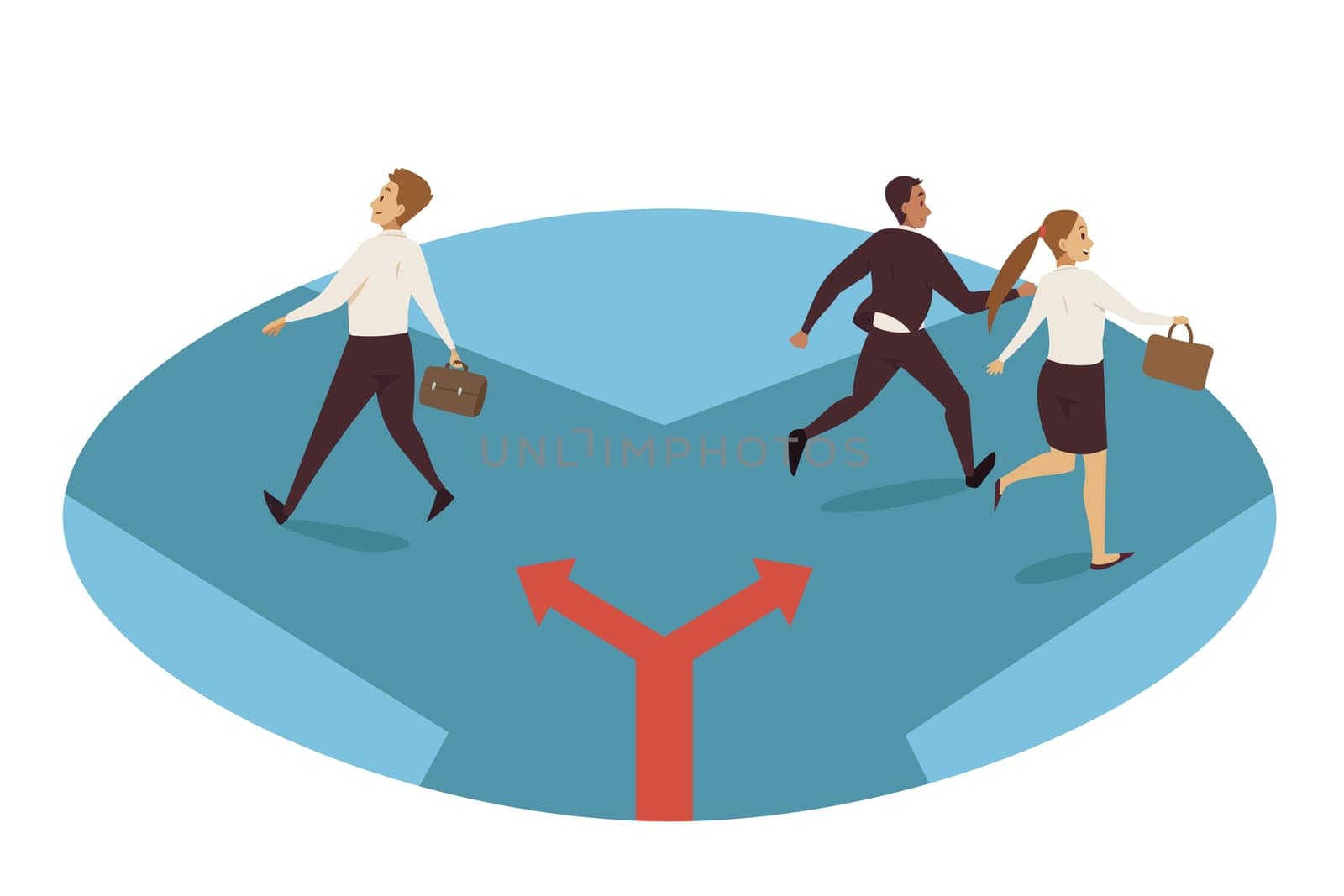 Business, path choice, separation direction concept. Businessman clerk manager leader separating from group team and walking different direction road to success. Career selection and new challenge.