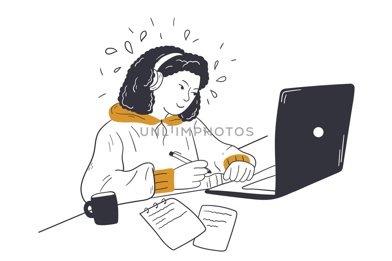 Call center, business, customer support concept. Young buinesswoman freelancer manager customer Service agent with headsets talking with client. Helpdesk, wireless education or freelance illustration.