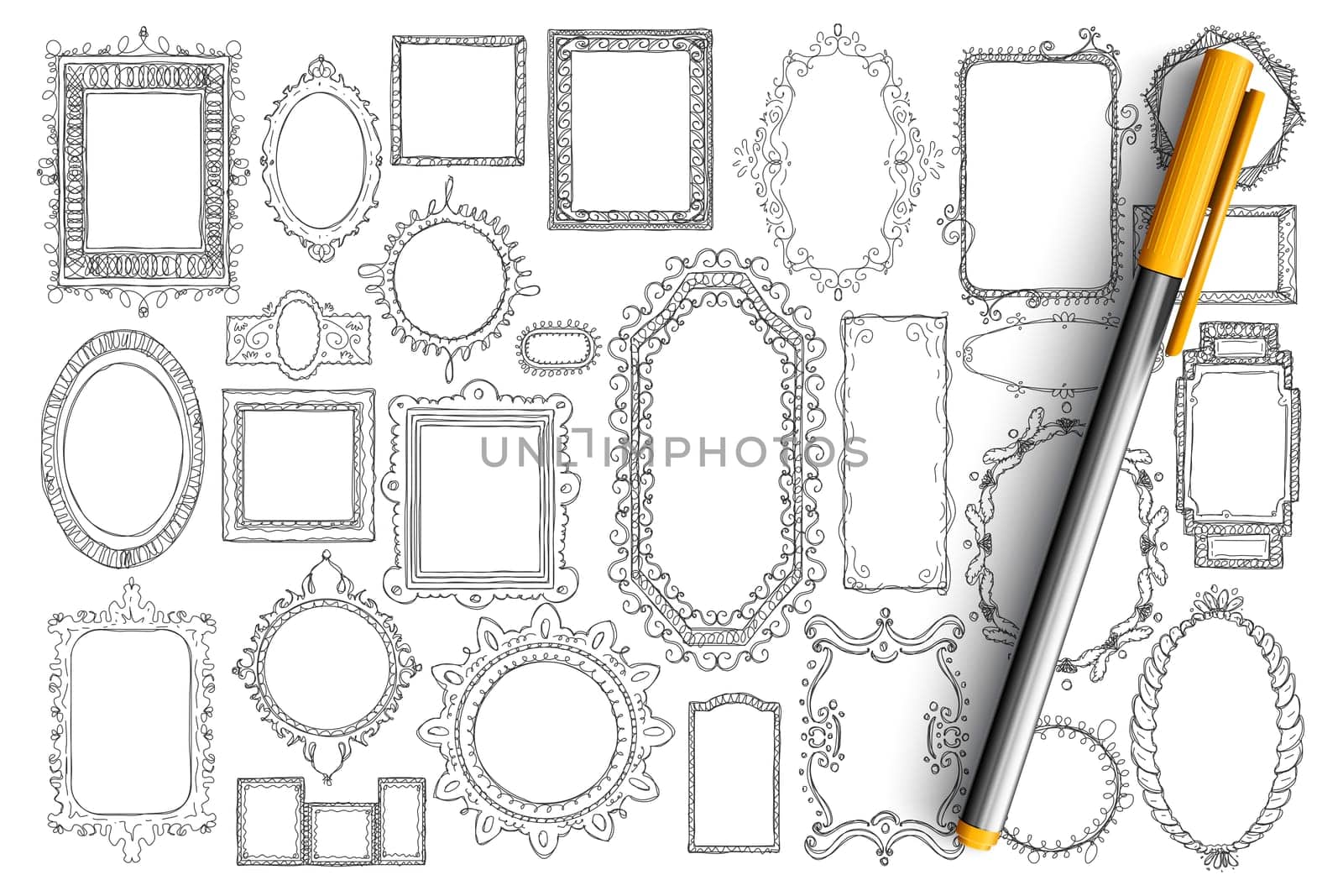 Mirrors and frames doodle set. Collection of hand drawn elegant vintage mirrors of different styles and shapes isolated on transparent background. Illustration of interior decorative accessories