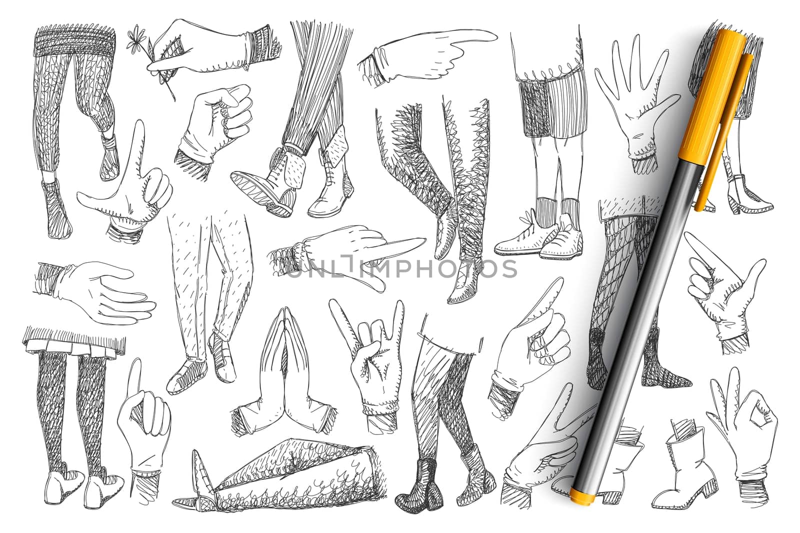 Legs and hands doodle set. Collection of hand drawn human hands expressing peace, ok and pointing at different directions and legs in footwear walking and standing isolated on transparent background