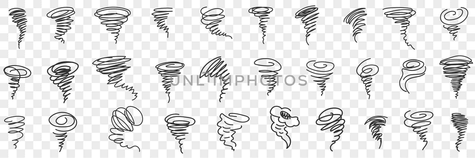 Tornado and hurricane doodle set. Collection of hand drawn natural disasters hurricanes tornado with windy center in rows isolated on transparent background