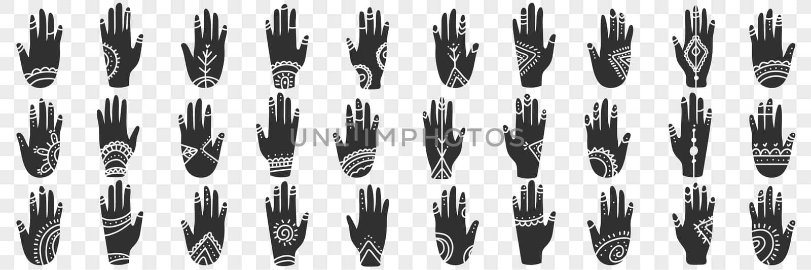 Human hands with occult signs doodle set. Collection of hand drawn various black human hands with spiritual signs and symbols in rows isolated on transparent background