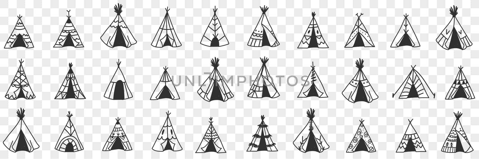 American ethnic wigwam doodle set. Collection of hand drawn various types and styles of traditional indian american wigwam house in rows isolated on transparent background