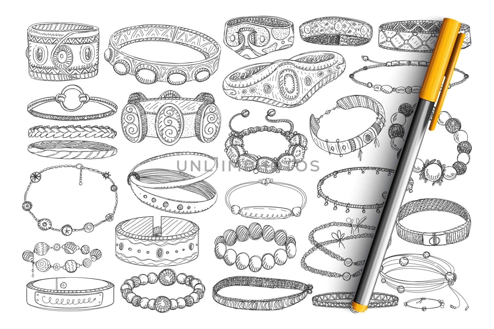 Bracelets and baubles doodle set. Collection of hand drawn stylish bracelets with stones, metals, jewels for wearing as accessories isolated on transparent background. Illustration of fashion baubles