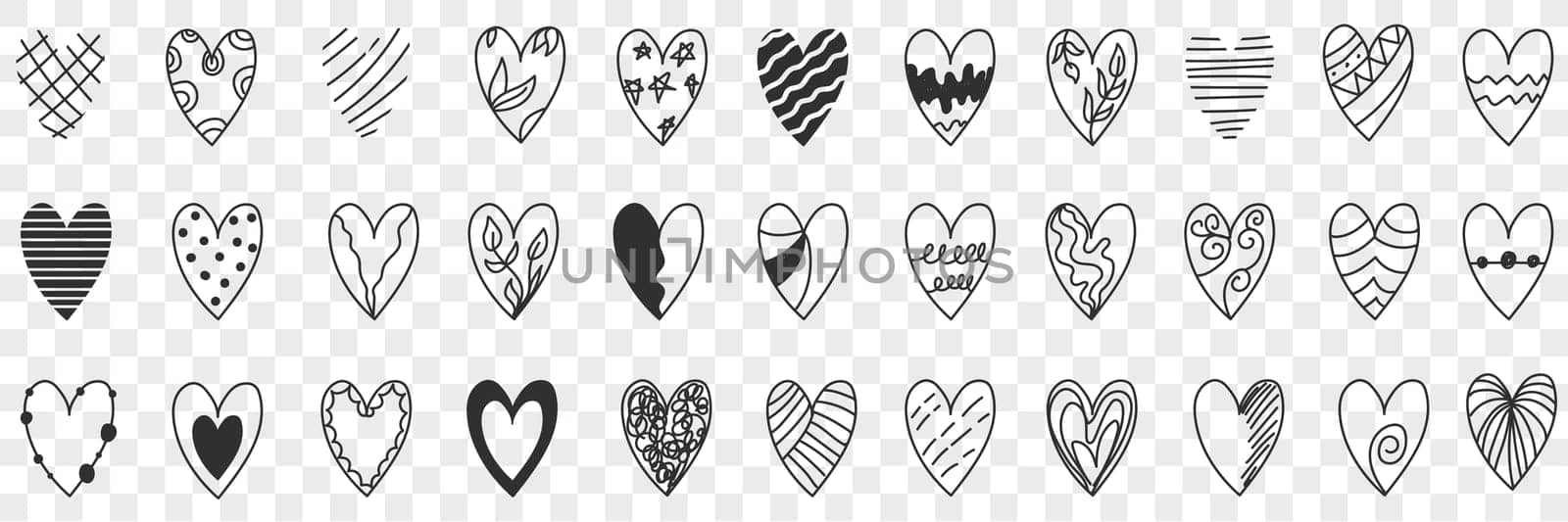 Styles of heart doodle set. Collection of hand drawn various designs and styles of heart shapes and patterns in rows isolated on transparent background