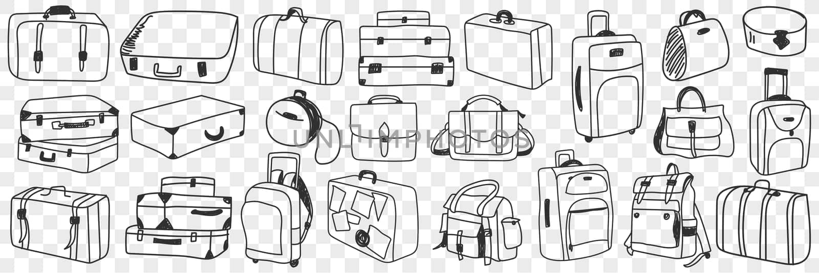 Suitcase traveling luggage doodle set. Collection of hand drawn various suitcases of different shapes and styles for trips in rows isolated on transparent background