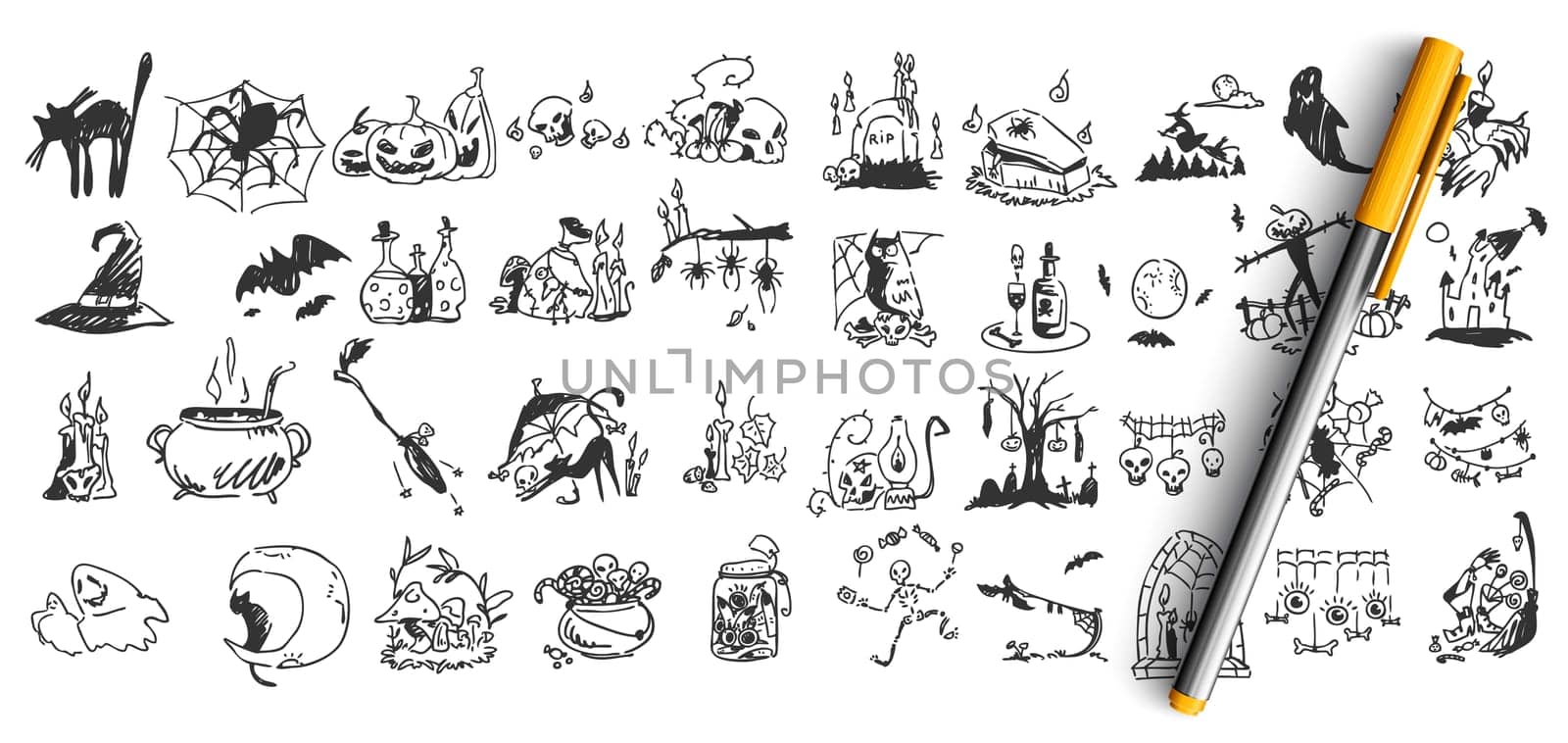 Halloween doodle set. Collection of hand drawn pencil sketches templates patterns of bats pumpkins zombies owls ghots creatures on white background. Illustration of all saints day symbols.