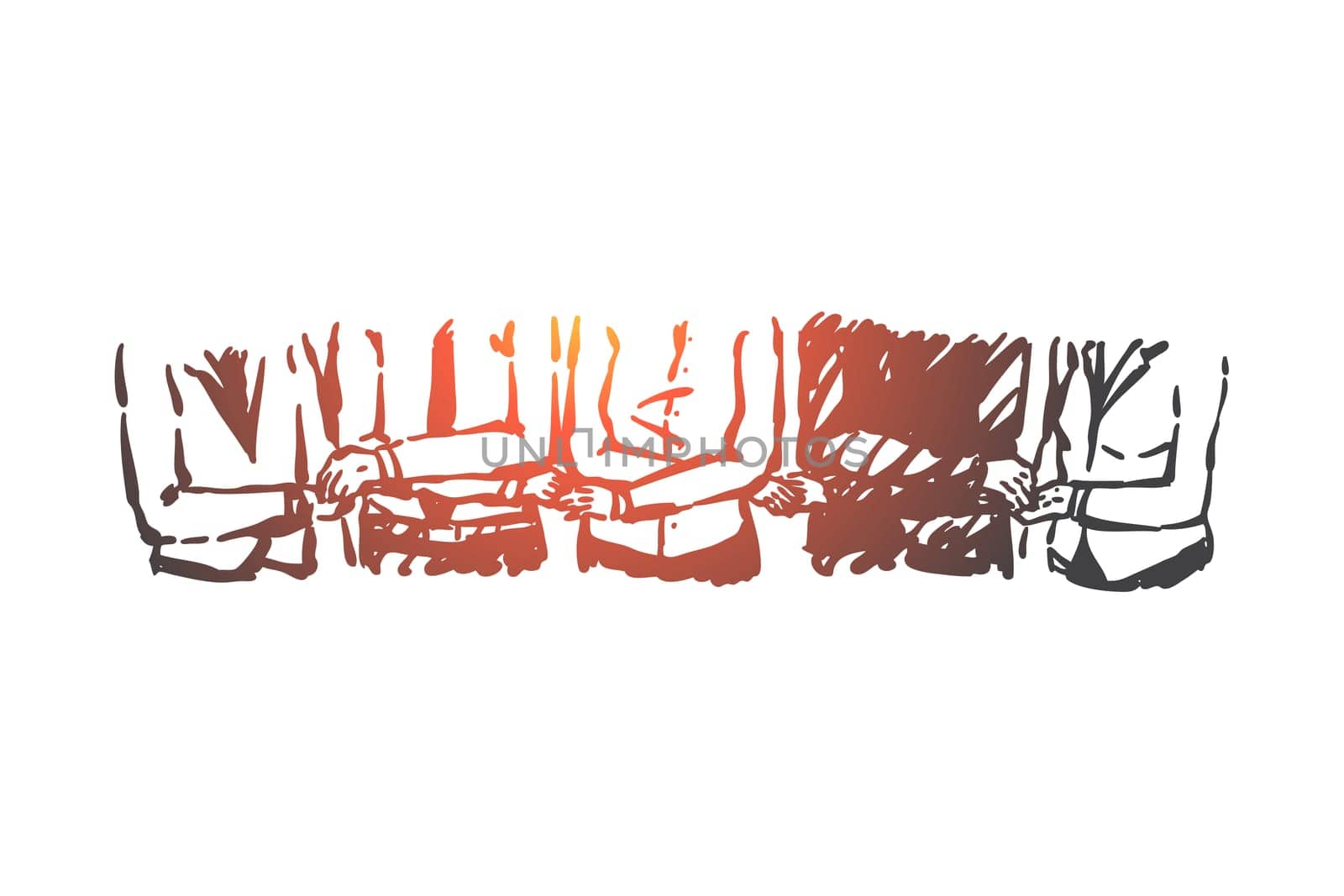Business people partnership, teamwork concept sketch. Corporate workers, colleagues holding hands, coworkers characters together, co workers cooperation metaphor. Hand drawn isolated vector