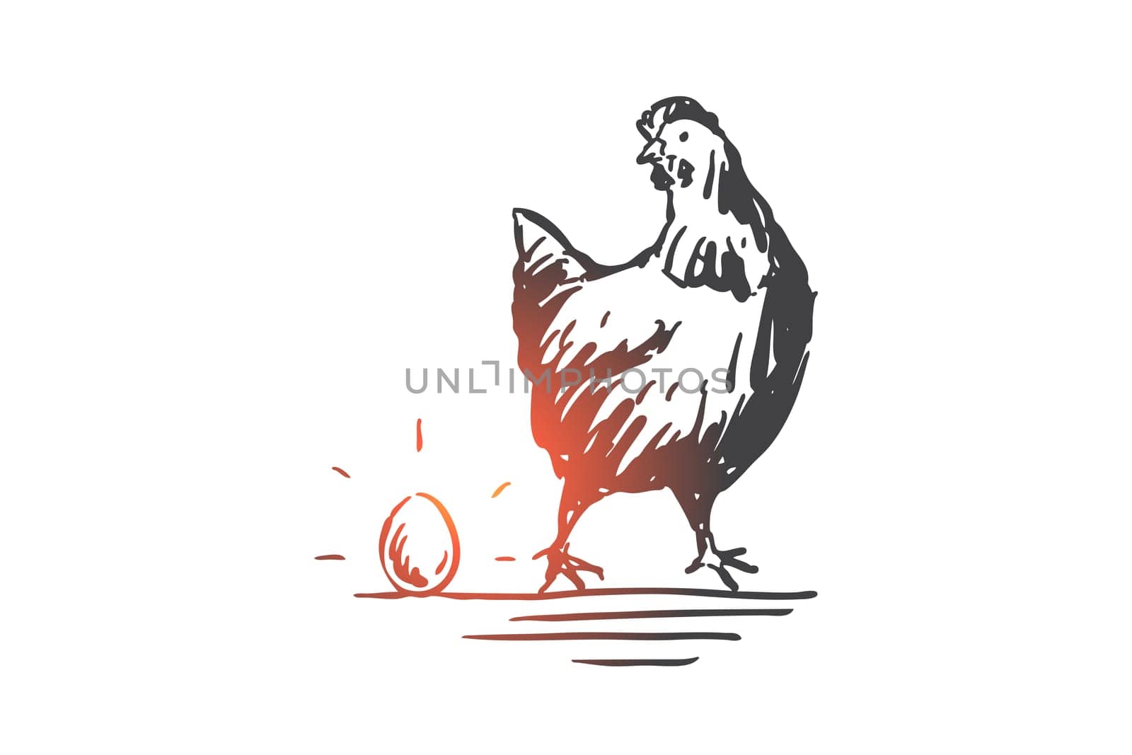 Chicken and egg, livestock, poultry concept sketch. Hen, domestic bird, agronomy industry, agriculture and husbandry, business investment profit metaphor. Hand drawn isolated vector