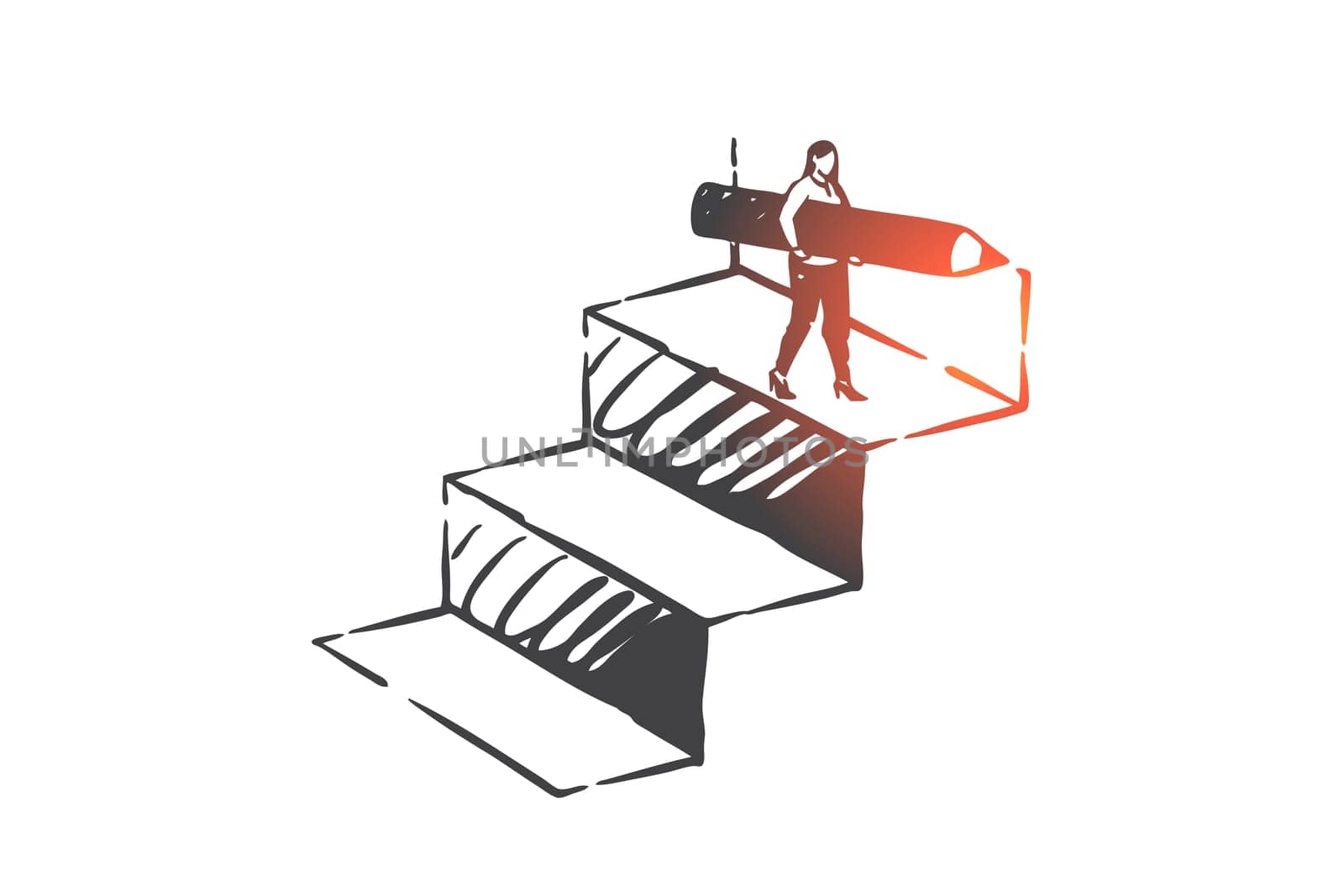 Personal development, career ladder, self improvement concept sketch. Businesswoman character achievement, business coaching, training, motivation and ambition metaphor. Hand drawn isolated vector