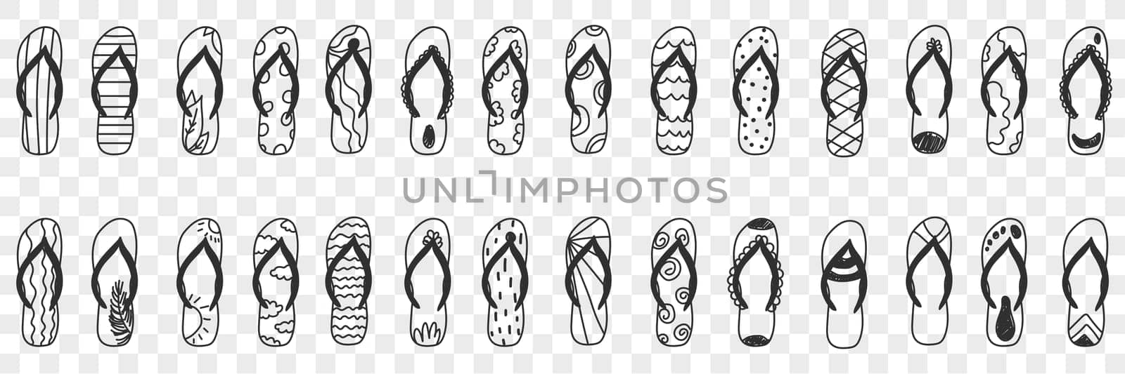 Slippers personal footwear doodle set. Collection of hand drawn various slippers footwear accessories for beach or home in rows isolated on transparent background