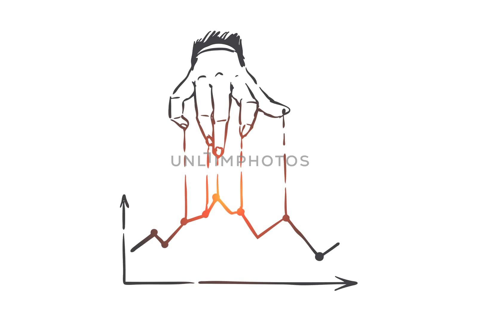 Improve business, plan for success concept sketch. Businessman pulling profit graph upwards, stock market, financial growth, progress and achievement metaphor. Hand drawn isolated vector