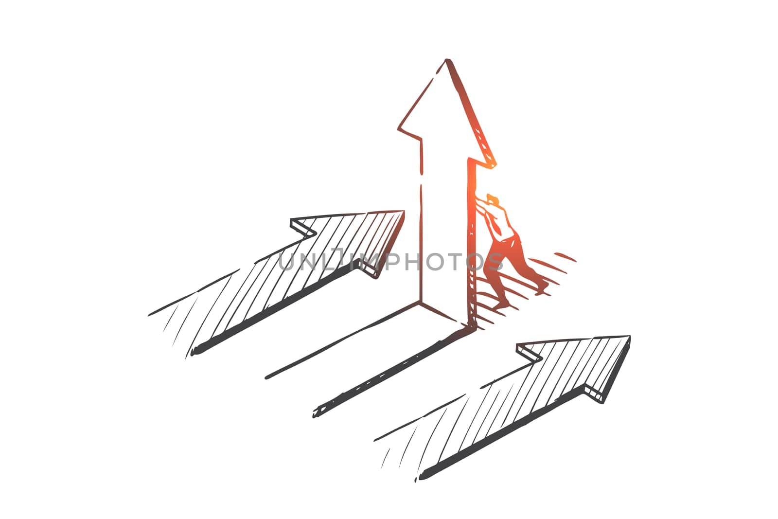 Business opportunity, pathway choosing concept sketch. Businessman character corporate challenge, correct path, career obstacles and difficulties overcoming metaphor. Hand drawn isolated vector