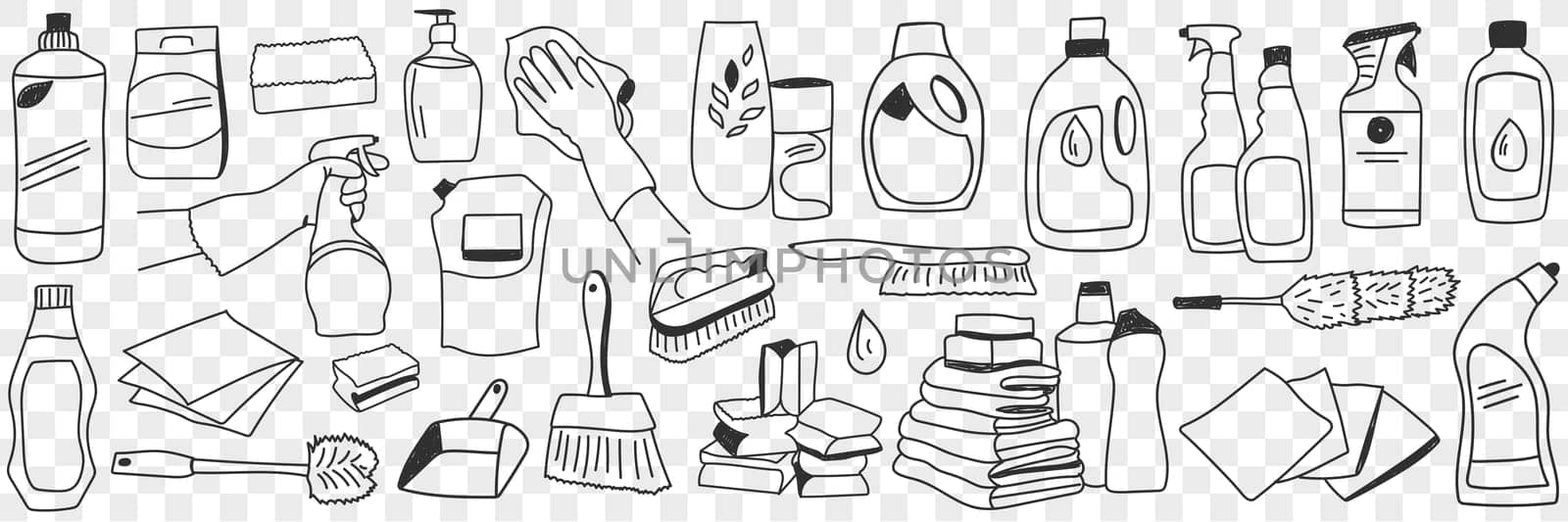 Housework equipment and tools doodle set. Collection of hand drawn various sprays brushes gloves liquids for cleaning and washing in rows isolated on transparent background