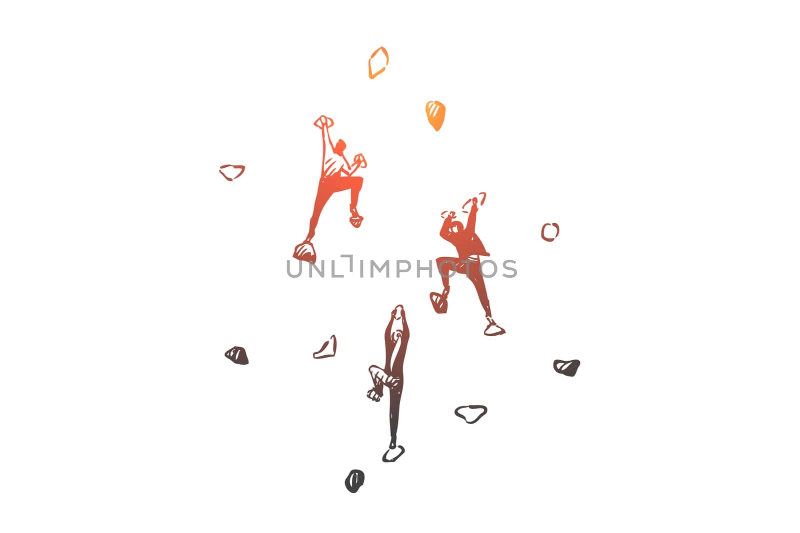 Leadership, business challenge, company competition concept sketch. Corporate worker characters climbing on rocks, career obstacles, job achievement, goals metaphor. Hand drawn isolated vector