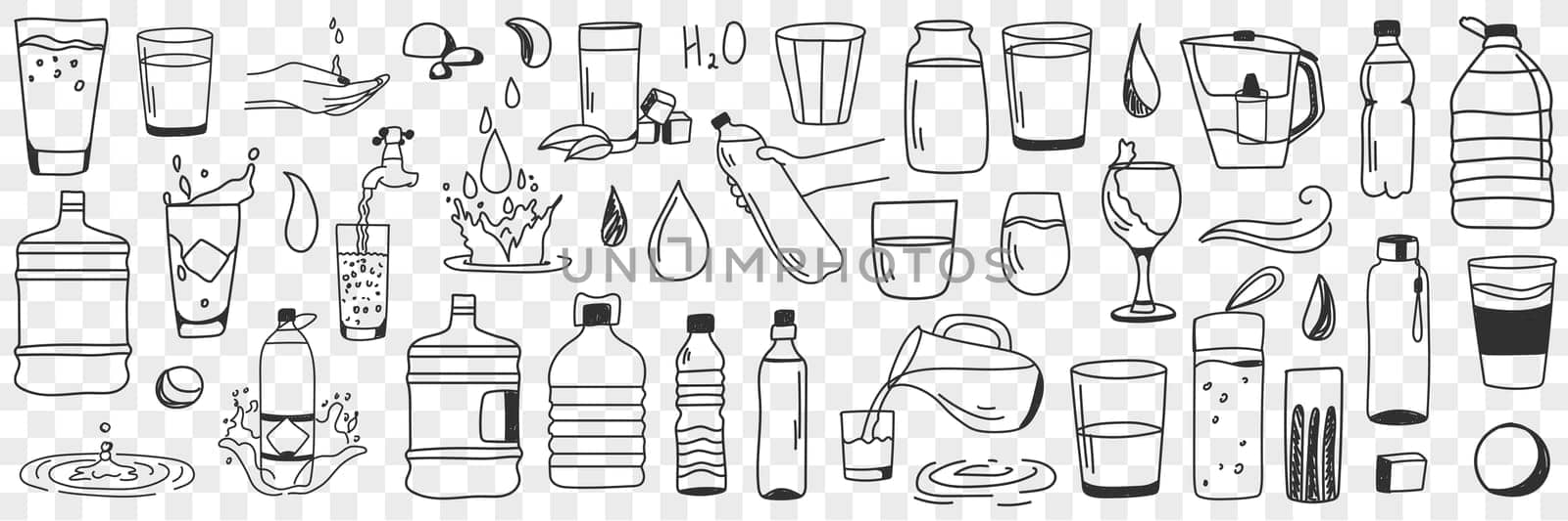 Water forms and shapes doodle set. Collection of hand drawn various states of water in bottles glass jars and taps for cleaning and drinking in rows isolated on transparent background