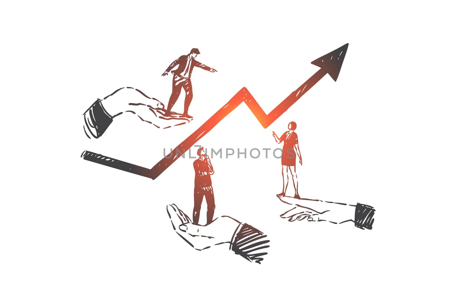 Business development, teamwork, career concept sketch. Businessmen and businesswoman searching company upgrowth ways together, stock market analytics, partnership. Hand drawn isolated vector