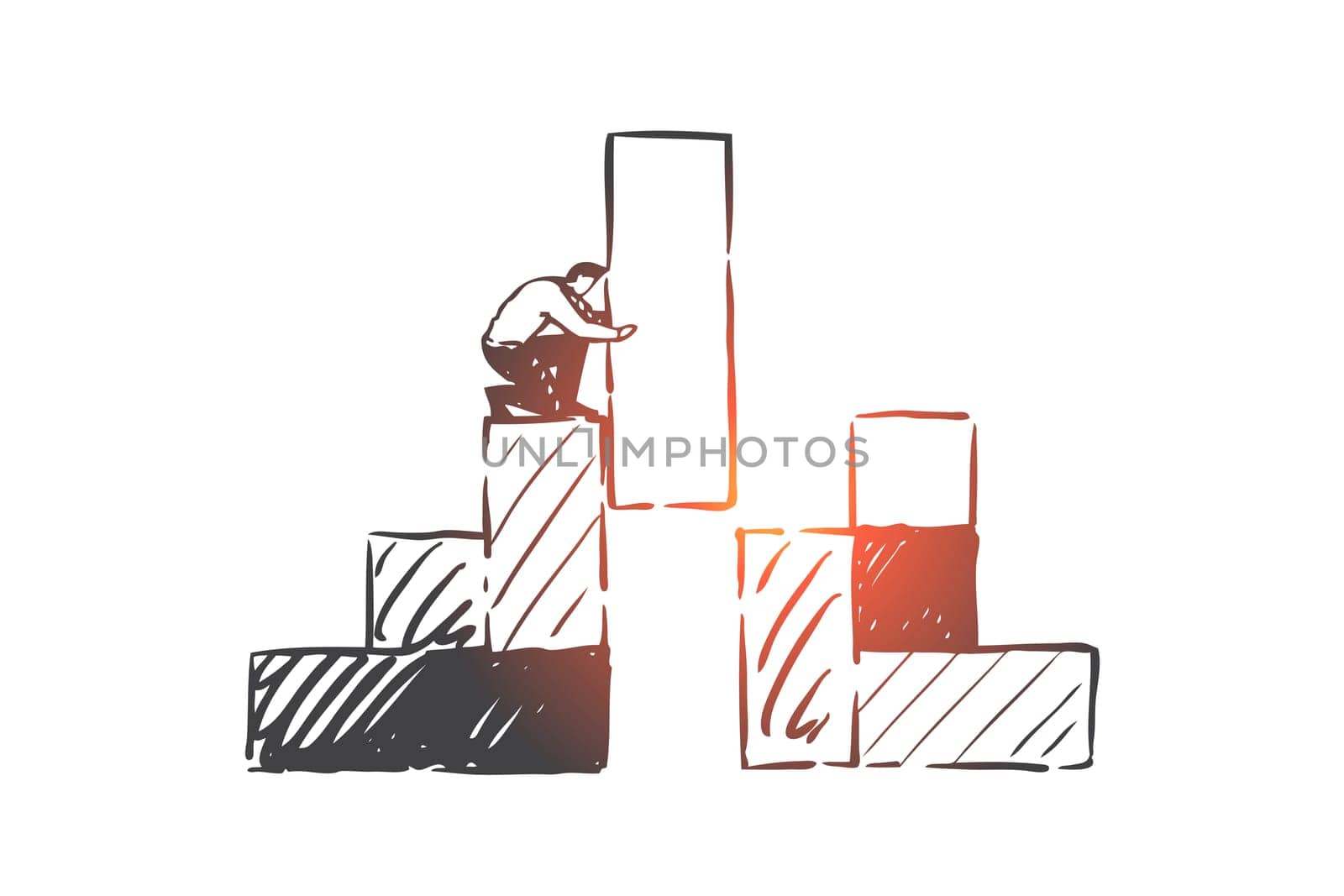 Growth, strategy, success concept sketch. Businessman constructing steps from blocks, company worker achieving aims and building career, profit increase, work opportunity. Hand drawn isolated vector