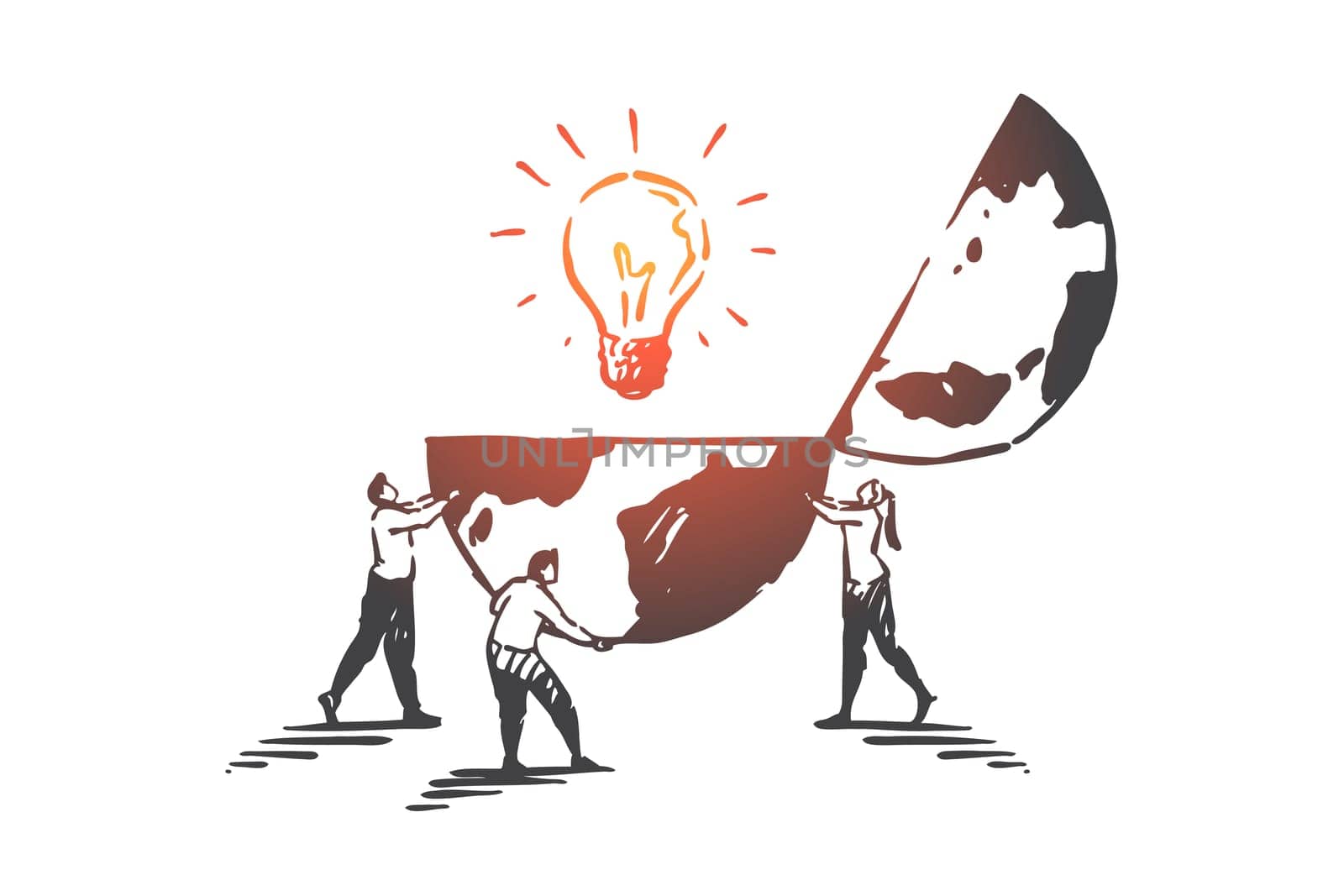 Innovation, creativity, teamwork concept sketch. Business people with globe and lightbulb, brainstorming, finding creative solution, generating ideas metaphor. Hand drawn isolated vector