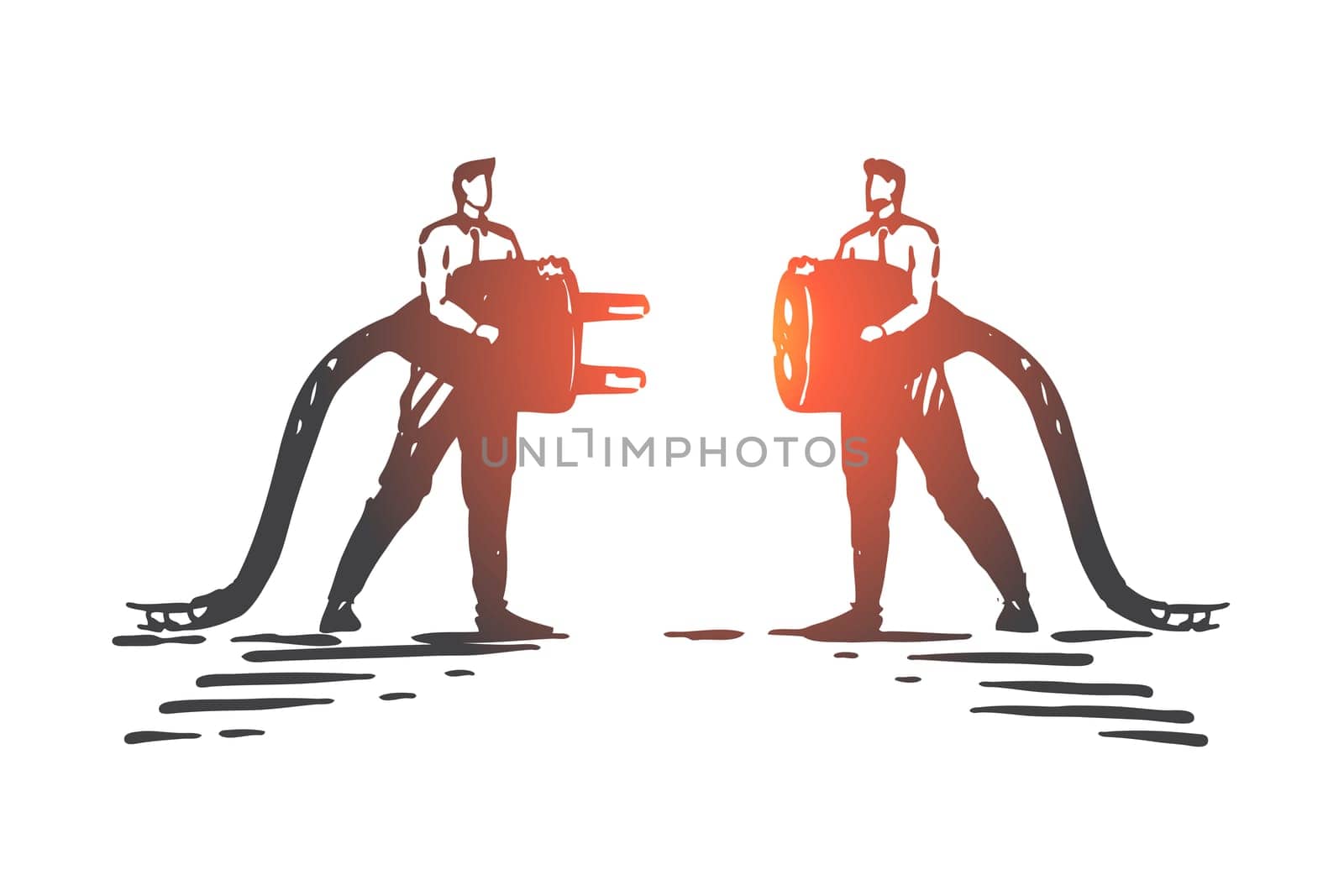 Business connections concept sketch. Coworkers with electric plug and socket, teamwork, partnership and cooperation metaphor, making contract,deal,agreement. Hand drawn isolated vector