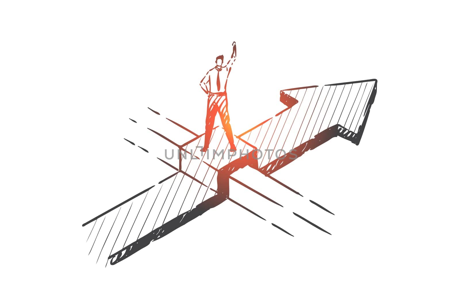 Business opportunity, obstacles overcoming concept sketch. Businessman character potential and aspirations, corporate challenge, problem solution metaphor. Hand drawn isolated vector