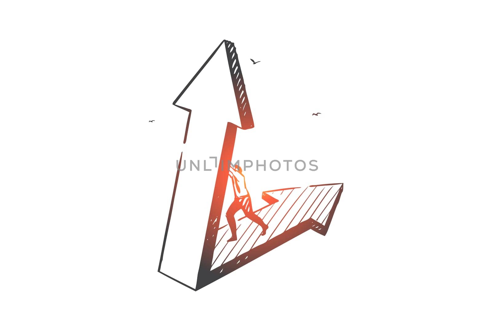 Business opportunity, problem solution concept sketch. Businessman character motivation and aspirations, corporate challenge, career obstacles overcoming metaphor. Hand drawn isolated vector