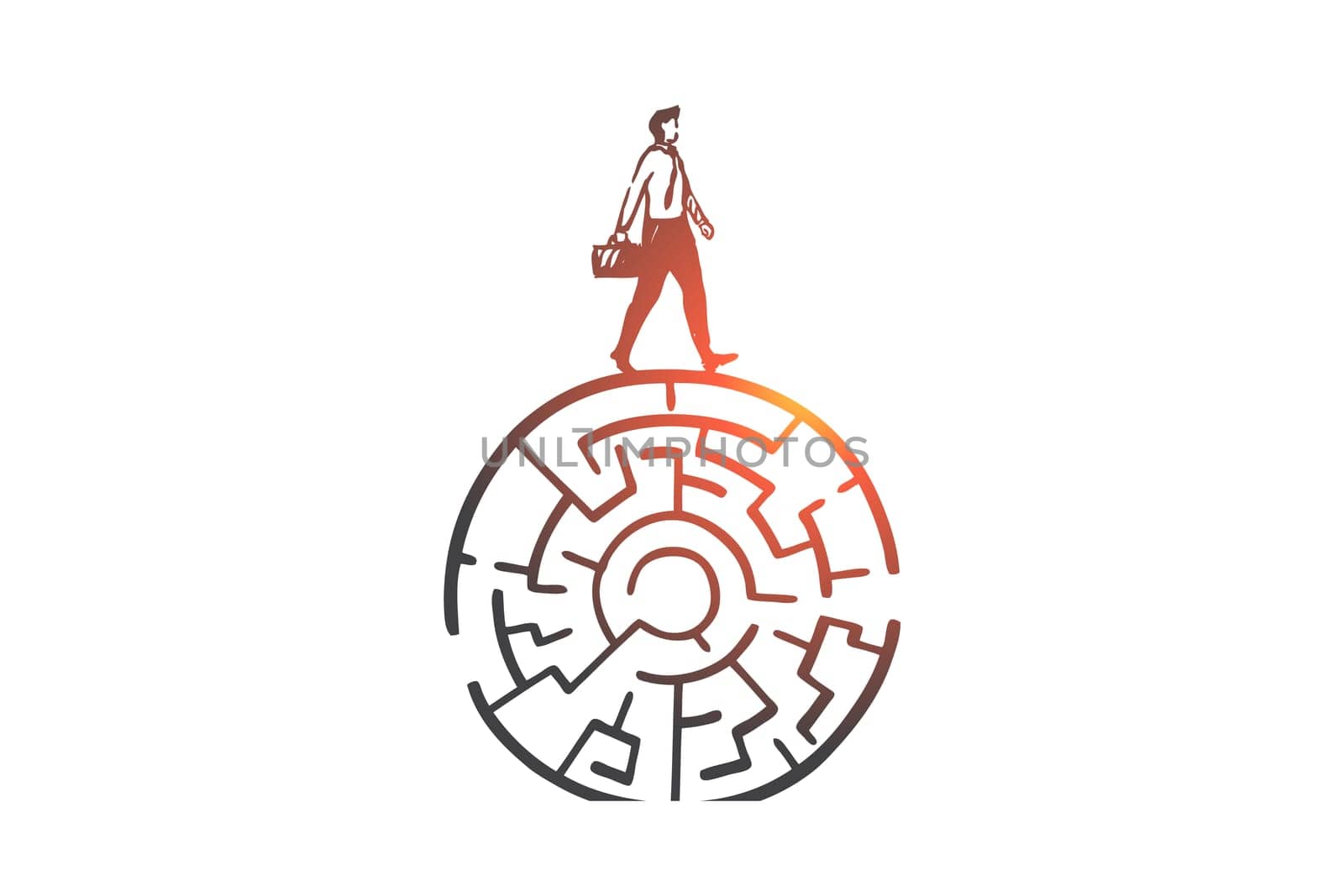 Problem solving, decision making concept sketch. Businessman and circular maze, overcoming obstacle, accepting challenge metaphor, finding way to success. Hand drawn isolated vector
