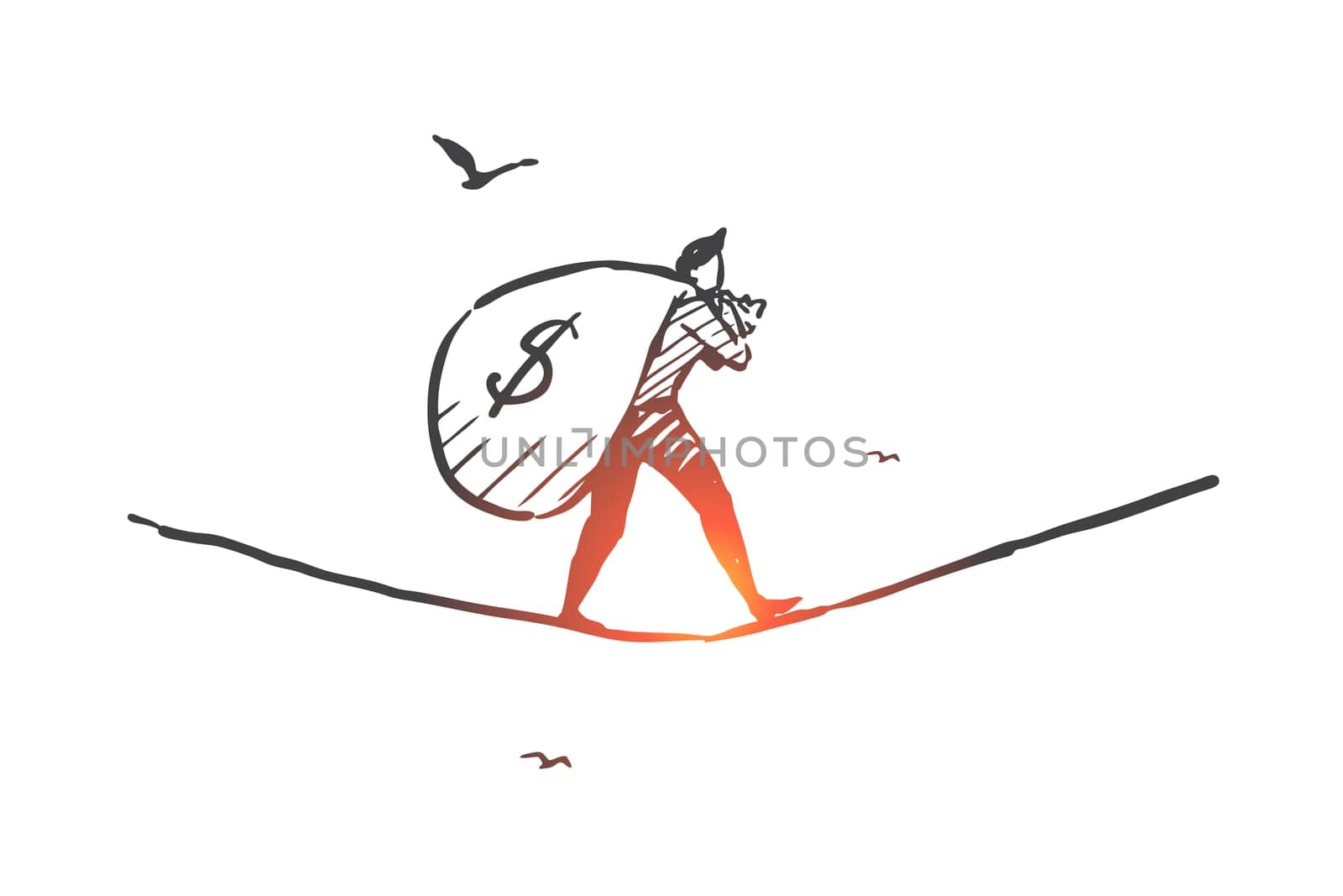 Business, successful deal, profit-making activity concept sketch. Businessman carrying money bag, entrepreneur male character getting income, success metaphor. Hand drawn isolated vector