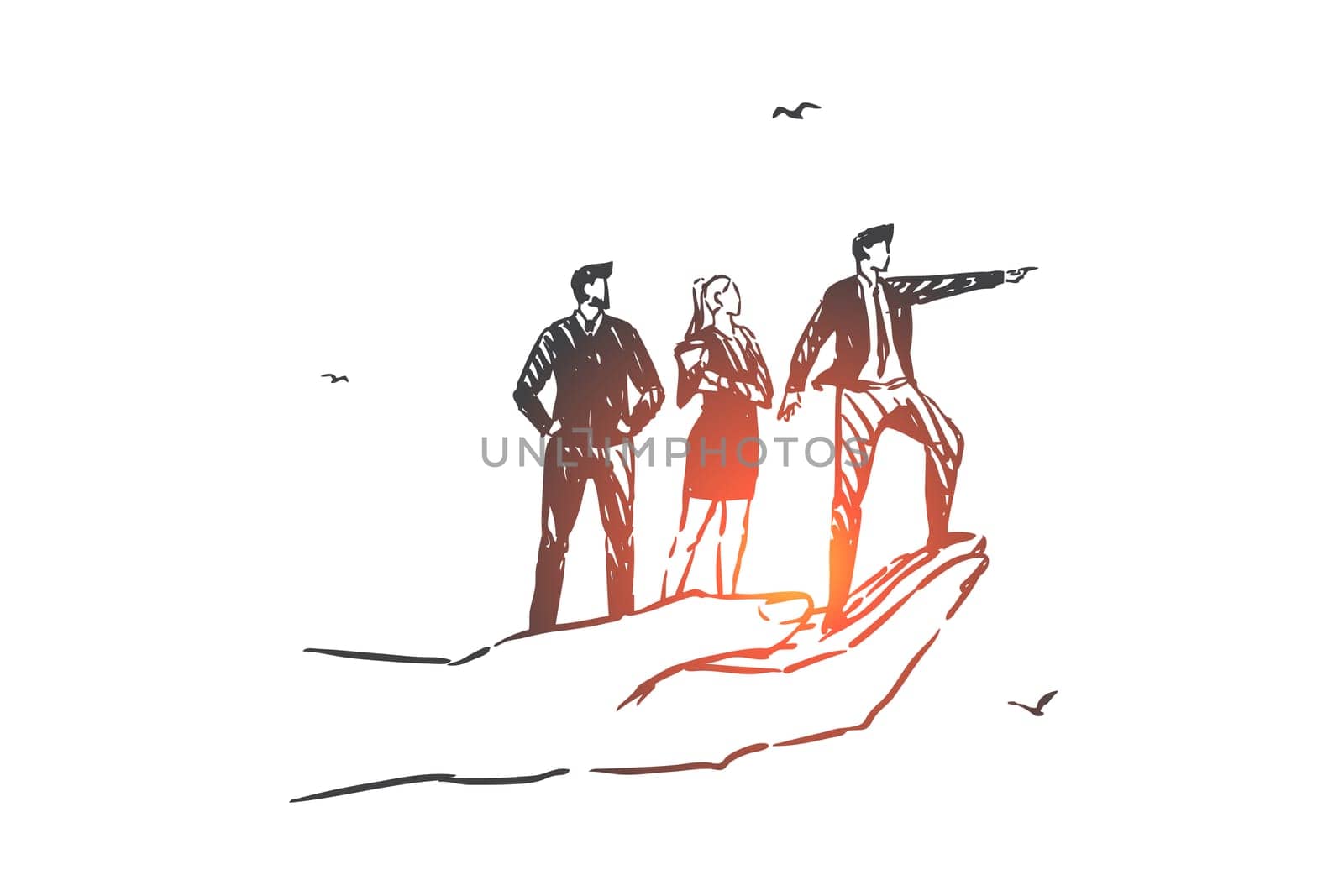 Business vision, teamwork, leadership concept sketch. Company executive male character indicating activity direction, firm staff searching promising development path. Hand drawn isolated vector