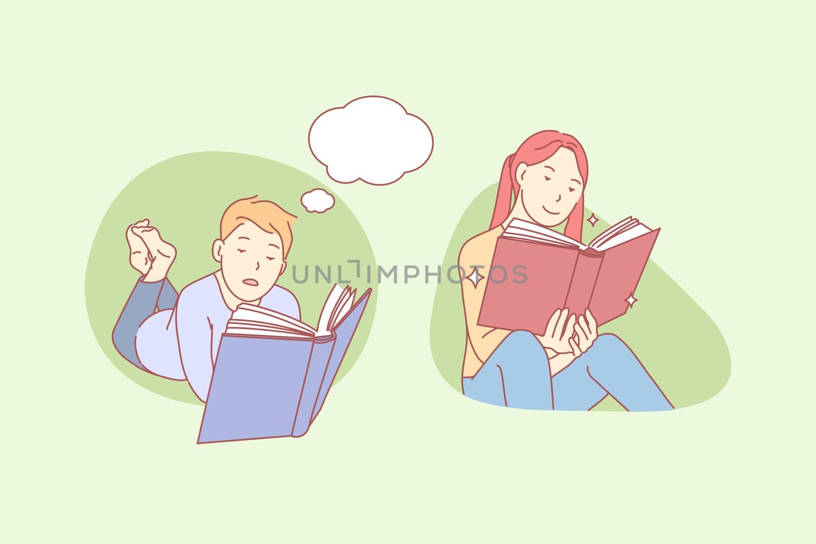Reading children, literature, study, thought bubble set concept. Young boy, girl read interesting books. Curious schoolchildren dreaming with fairytale. Literature teens education. Thought bubble Flat simple vector.
