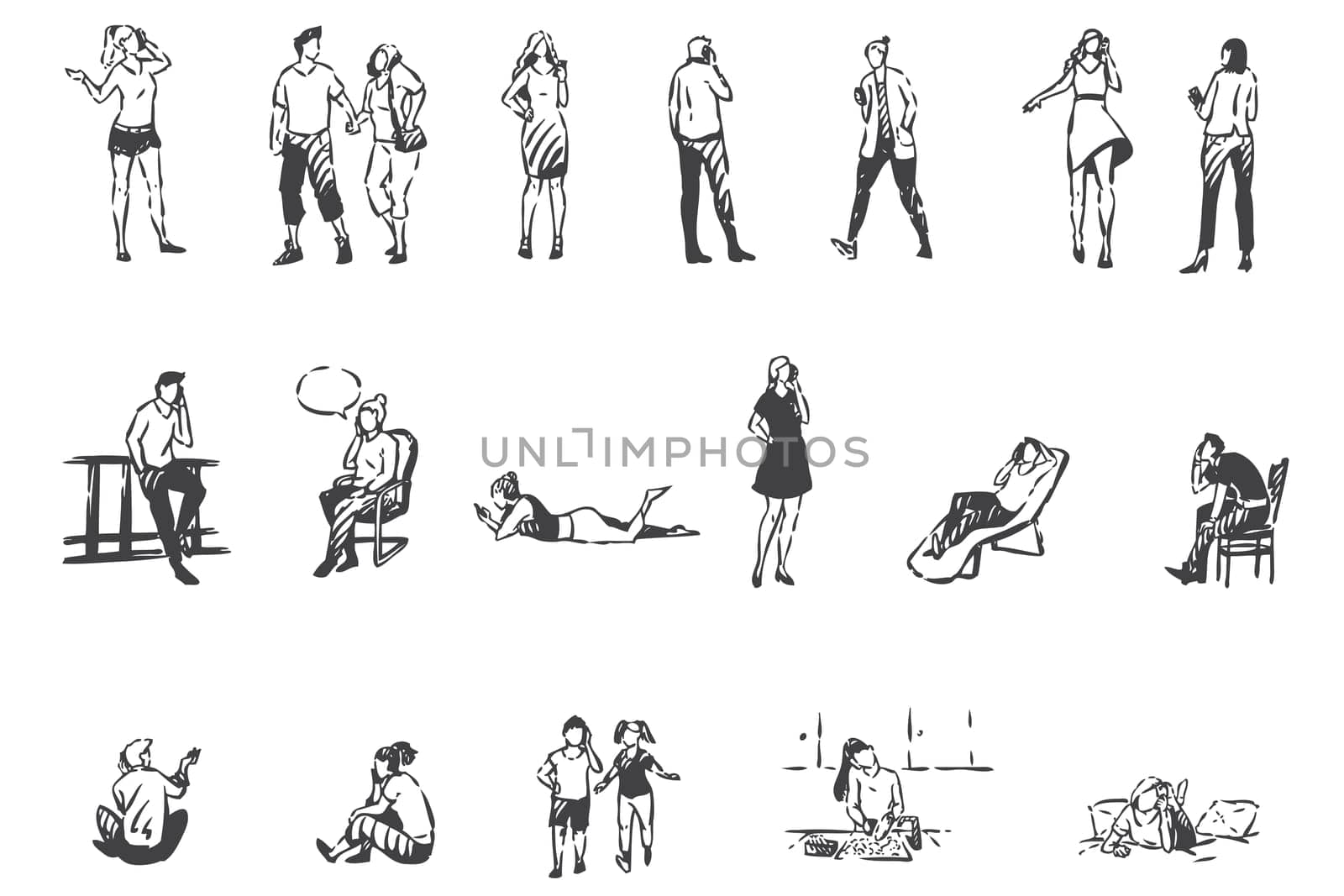 Telephone communication, people with smartphones concept sketch. Mobile conversations, men, women and children talking on mobile phones at home and outside set. Hand drawn isolated vector