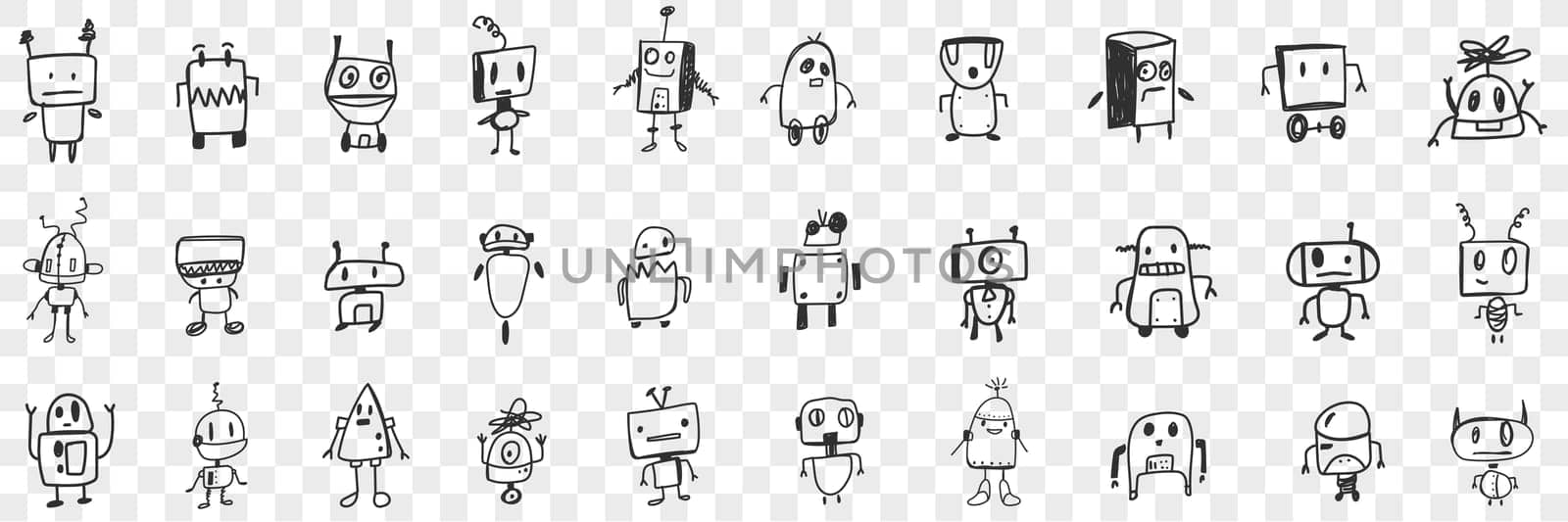 Various smart robots doodle set. Collection of hand drawn cute electronic robots with human heads in rows isolated on transparent background. Illustration of high technologies concept