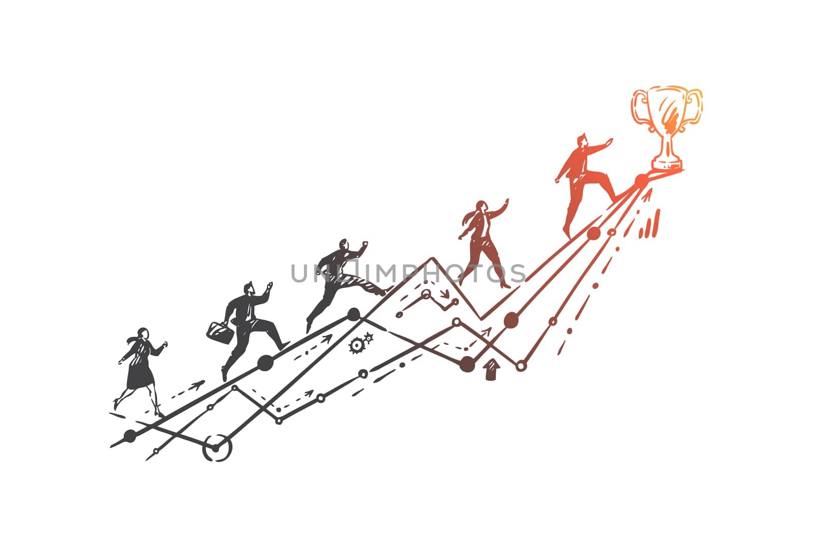 Leadership, business competition, race concept sketch. Corporate worker character reaching trophy, office employees running on graph arrow, team leader metaphor. Hand drawn isolated vector